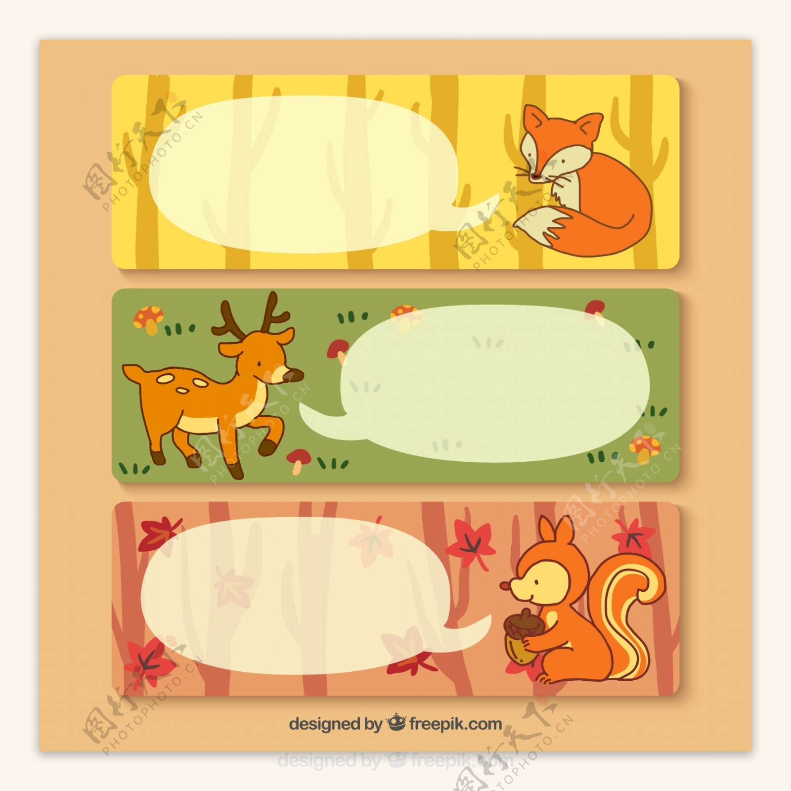 3款卡通森林动物banner矢量素材