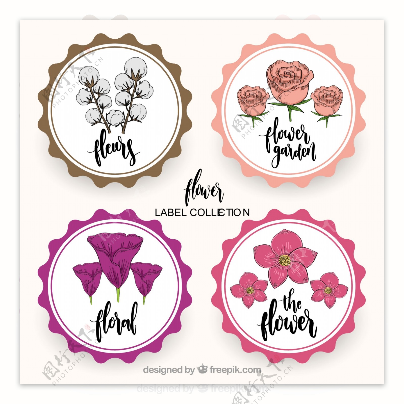 四个鲜花插图圆形标签图标