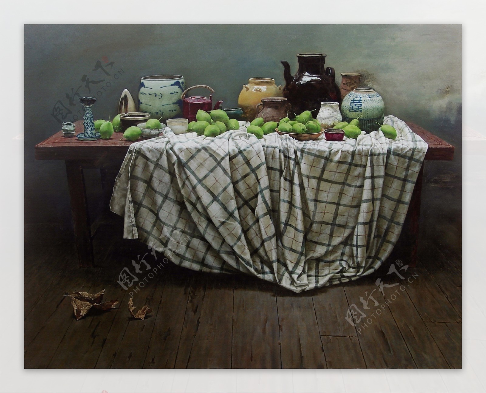 陶器与水果油画图片