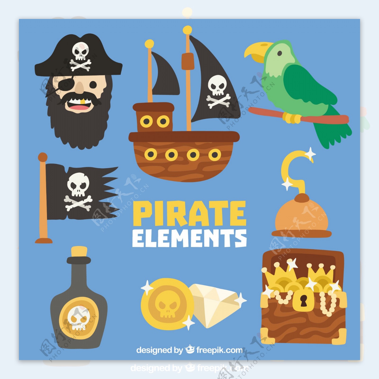 手绘各种海盗元素图标素材