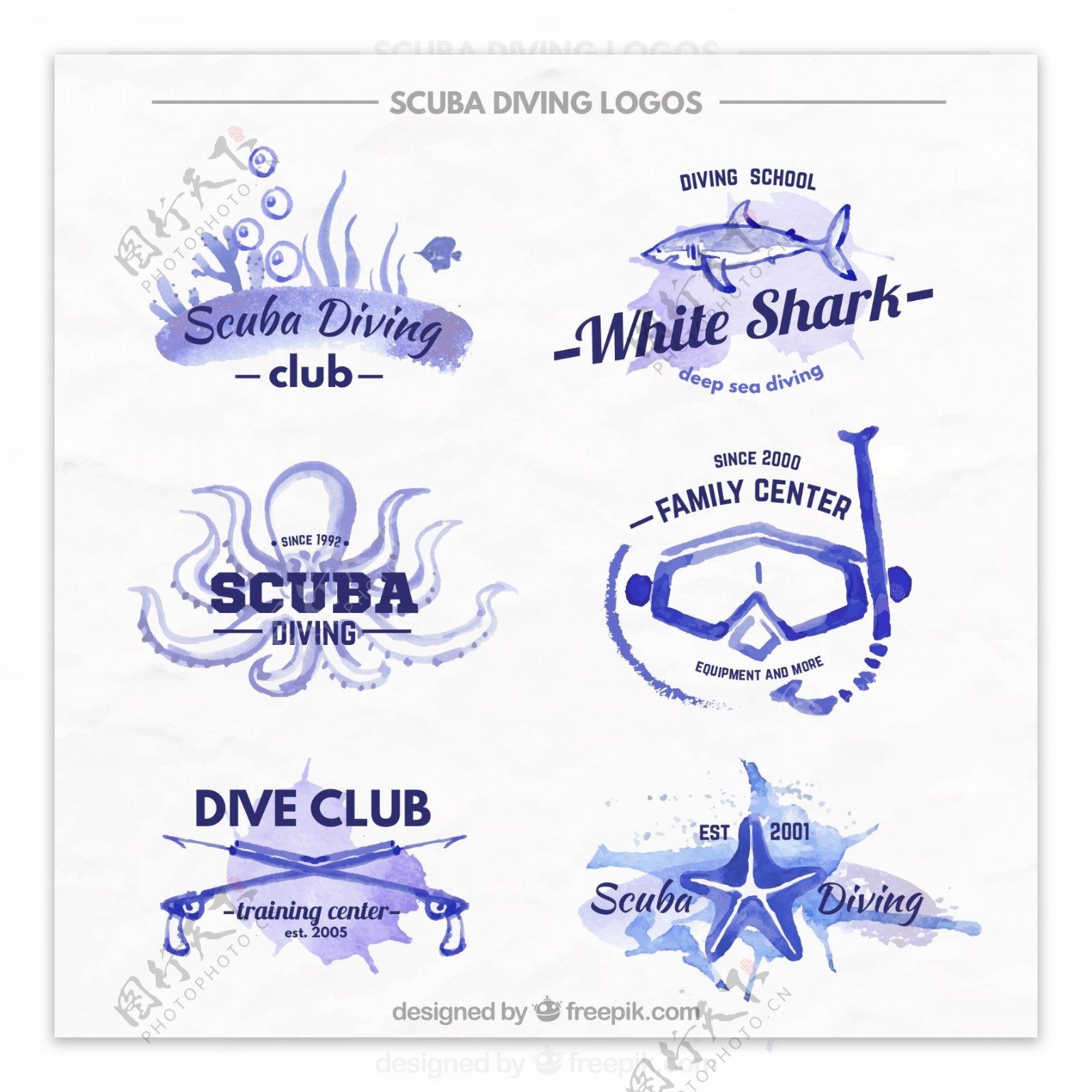 9款蓝色专业潜水俱乐部标志矢量图