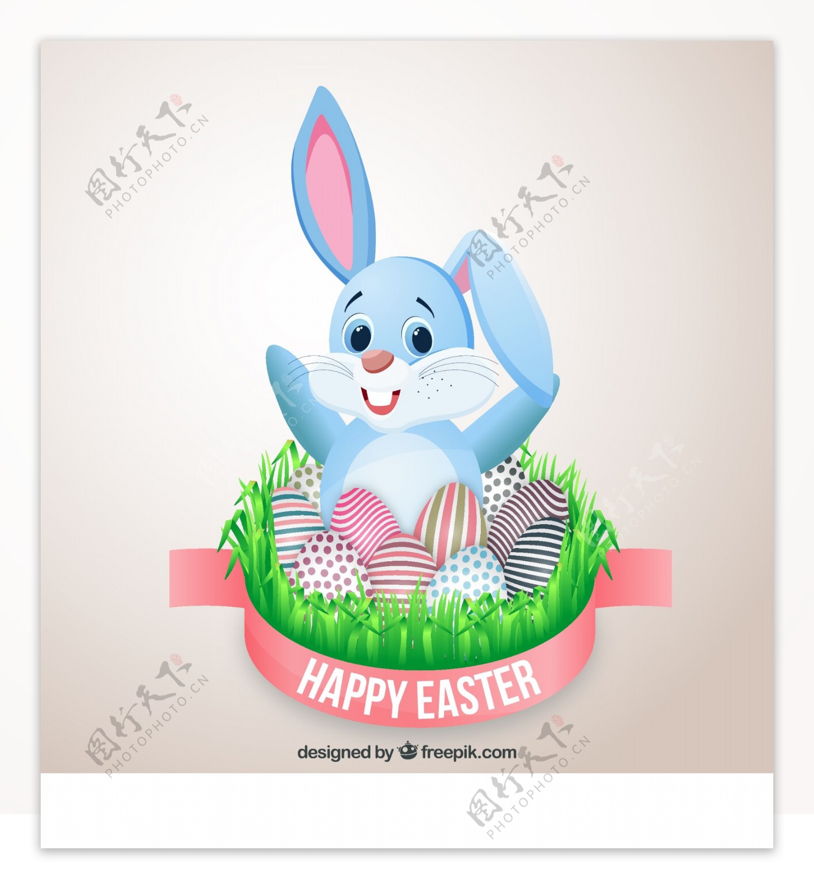 复活节卡片上可爱的兔子和装饰的鸡蛋
