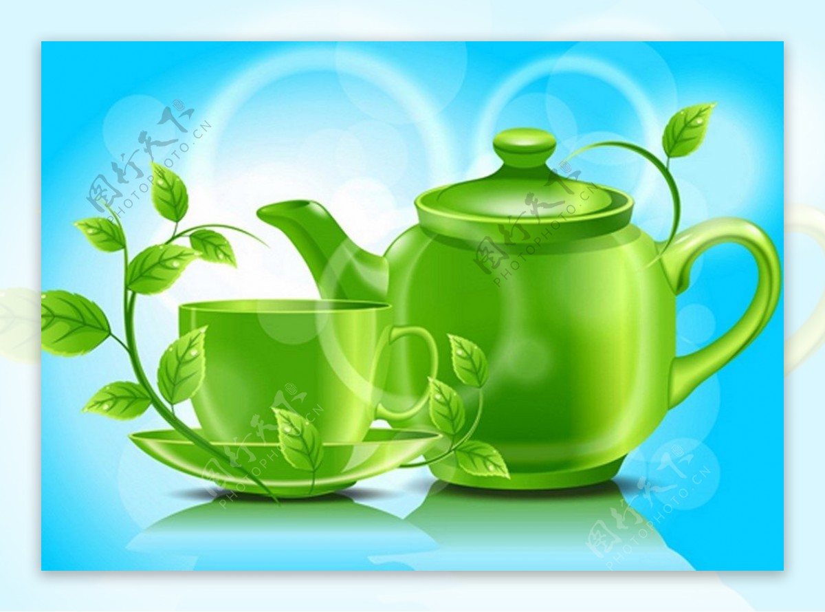 小清新绿色茶壶茶杯背景图