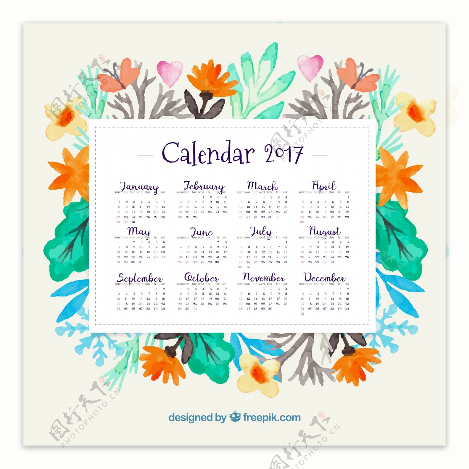 2017年日历与水彩花卉