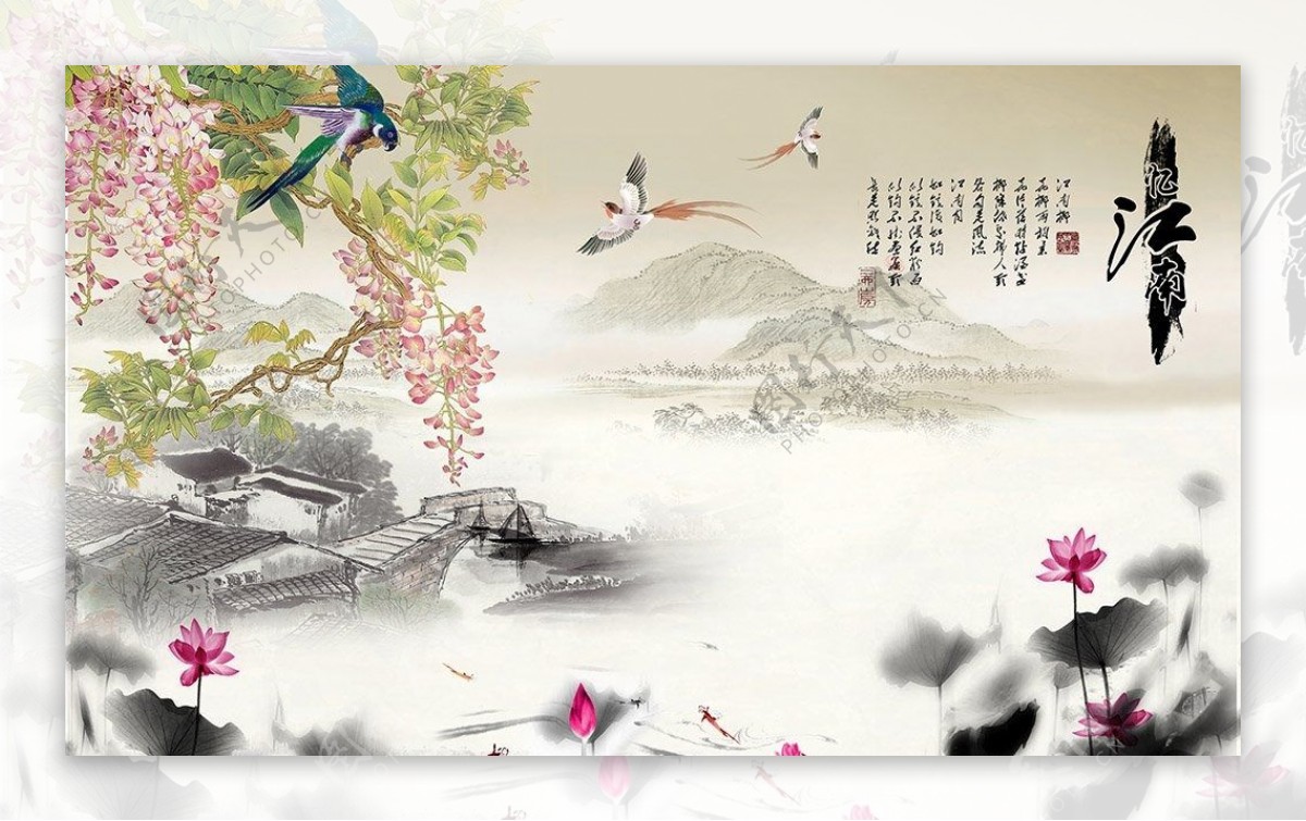 中式水墨画背景墙分层