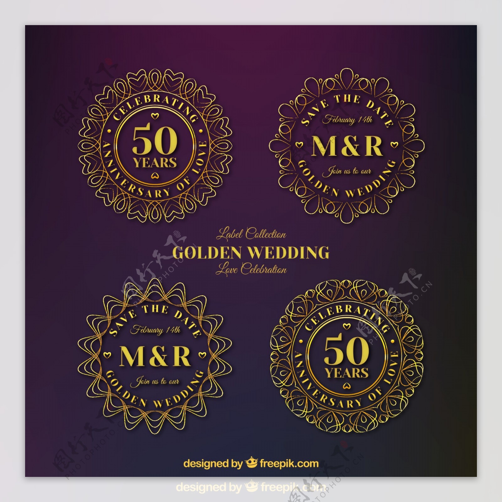 4款金色花纹婚礼标签矢量素材