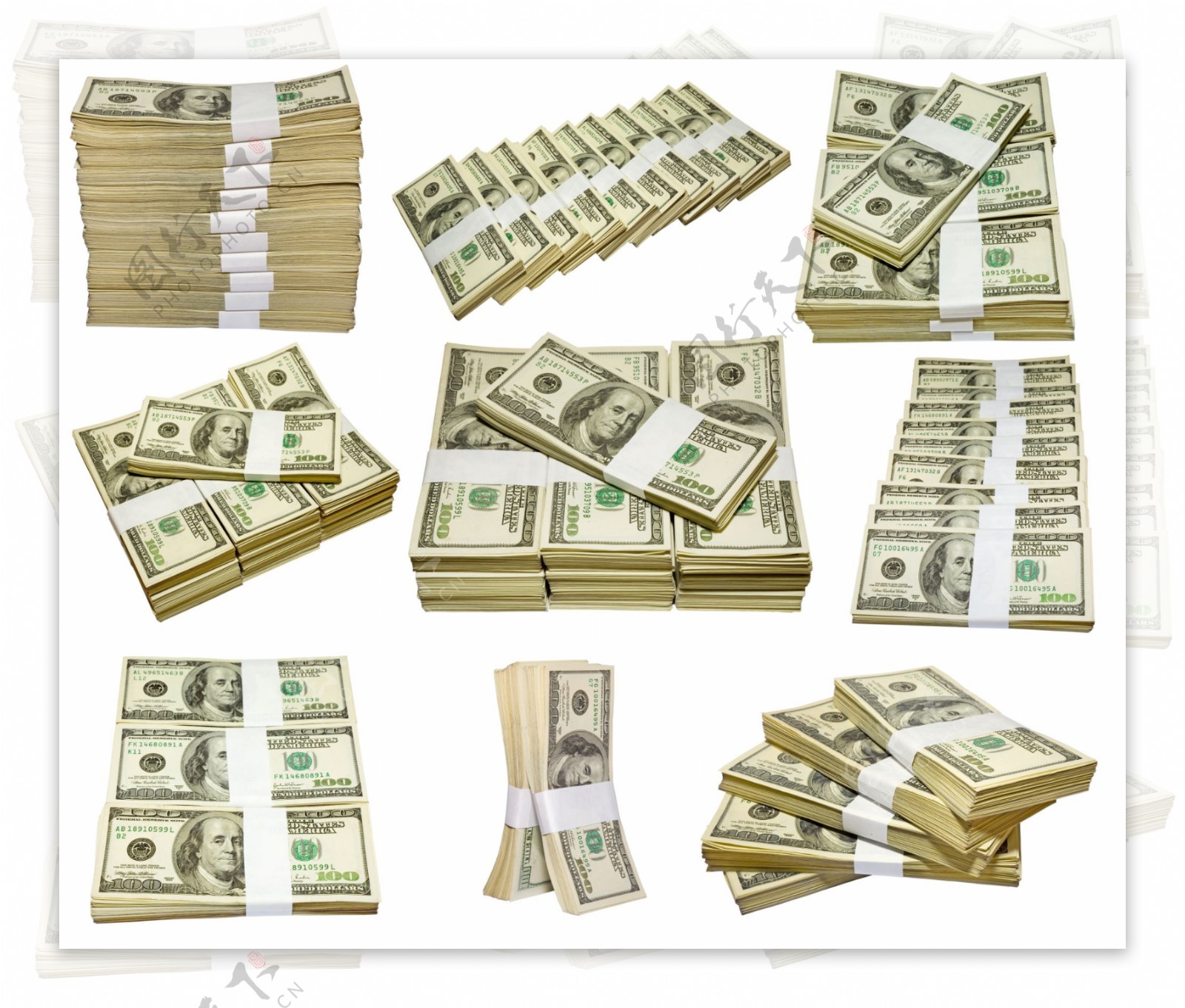 成堆堆放的美元钞票图片