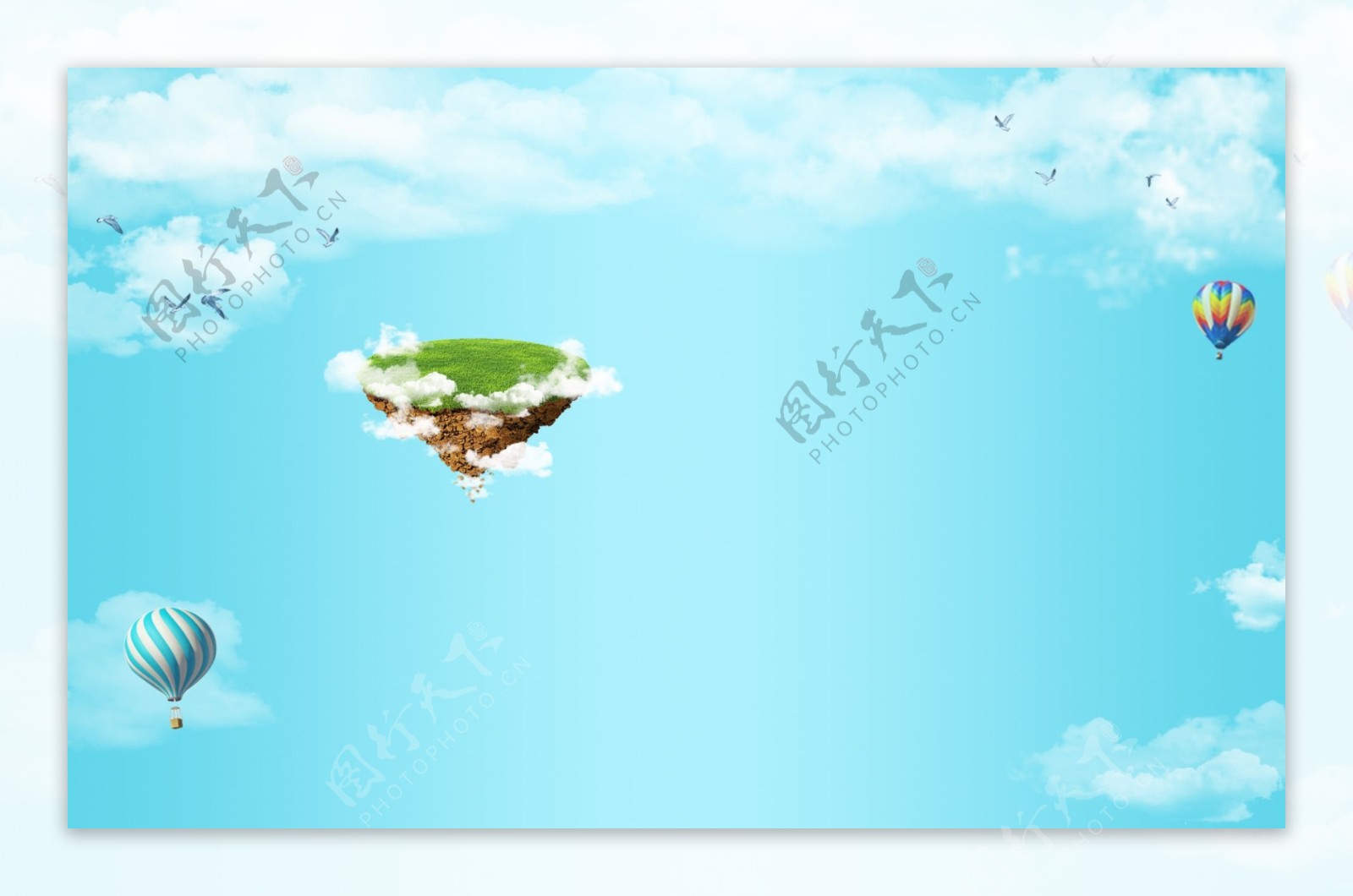 夏季清爽蓝天白云悬浮山合成海报背景