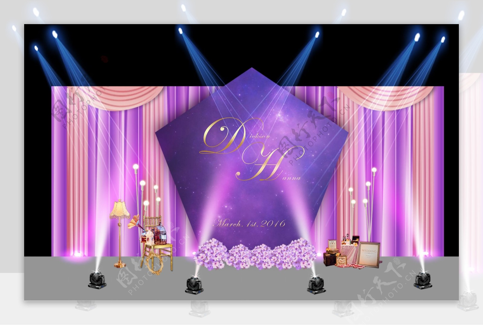 紫色星空钻石形状留影区婚礼背景