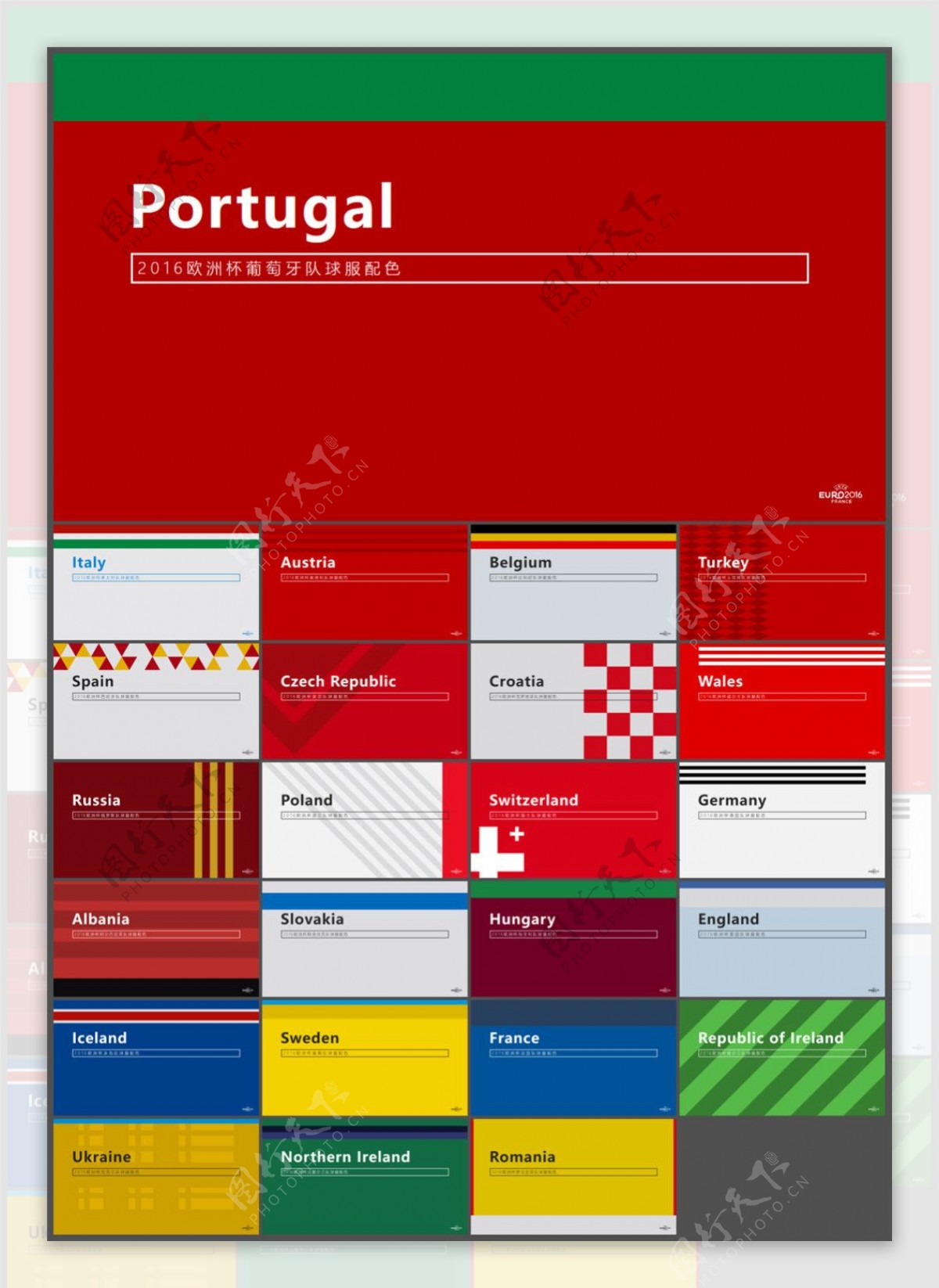24个国家欧洲杯球服配色简约ppt模板