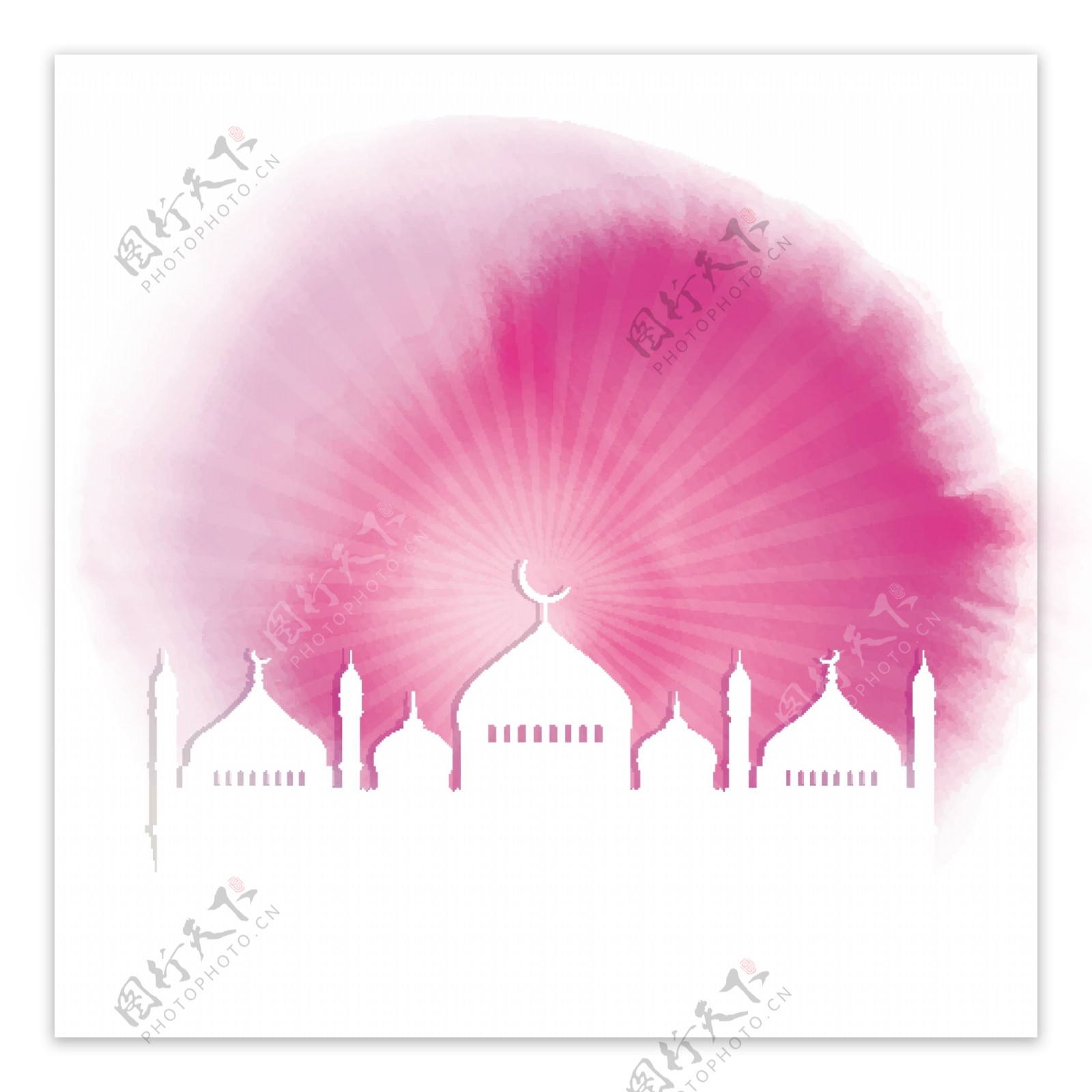 粉红色水彩清真寺剪影斋月背景