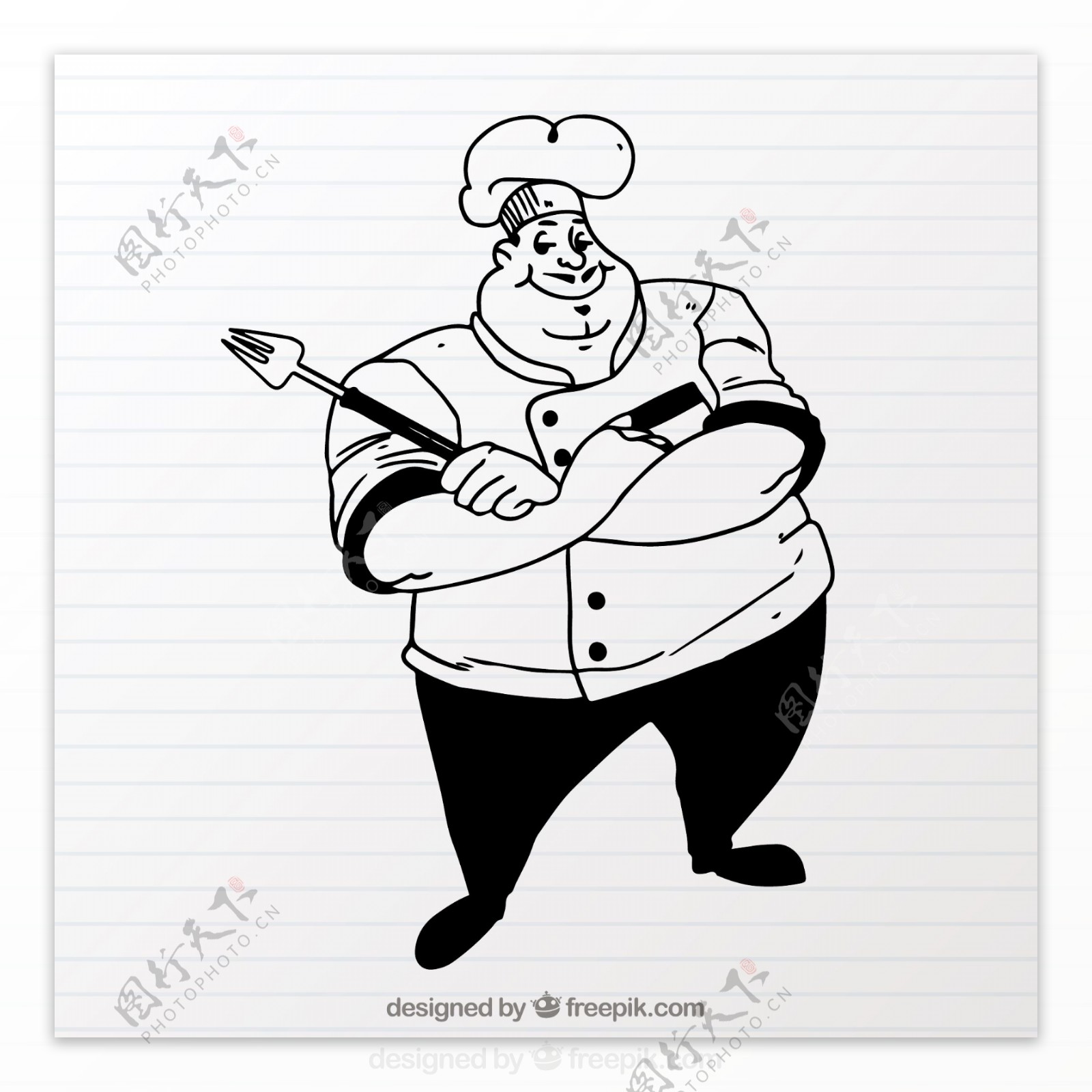 手绘黑白厨师角色插图