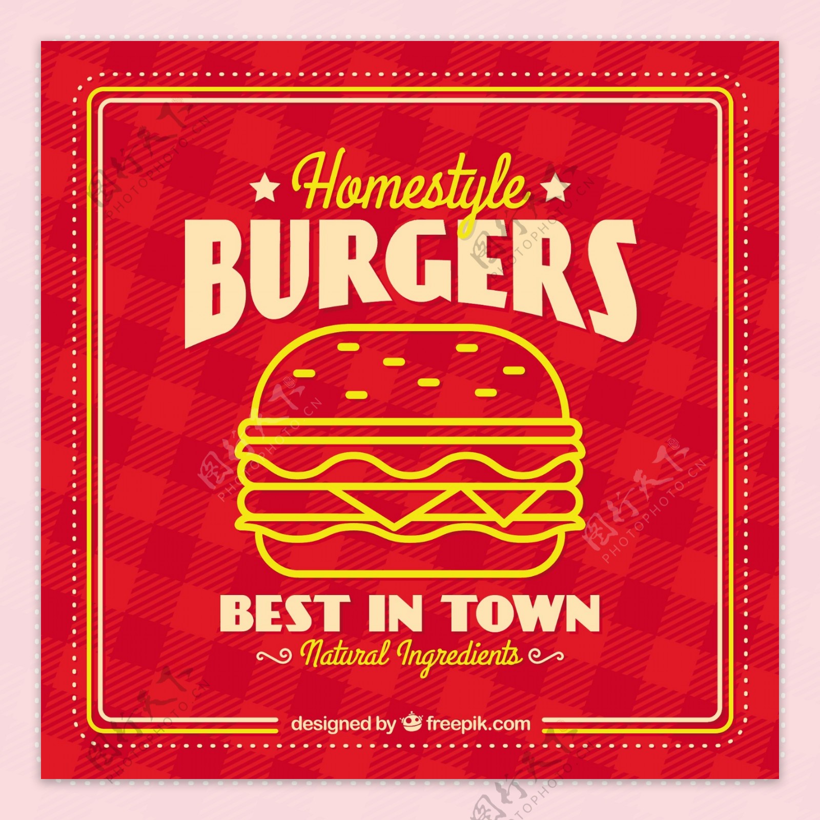简约的汉堡插图红色方格的背景