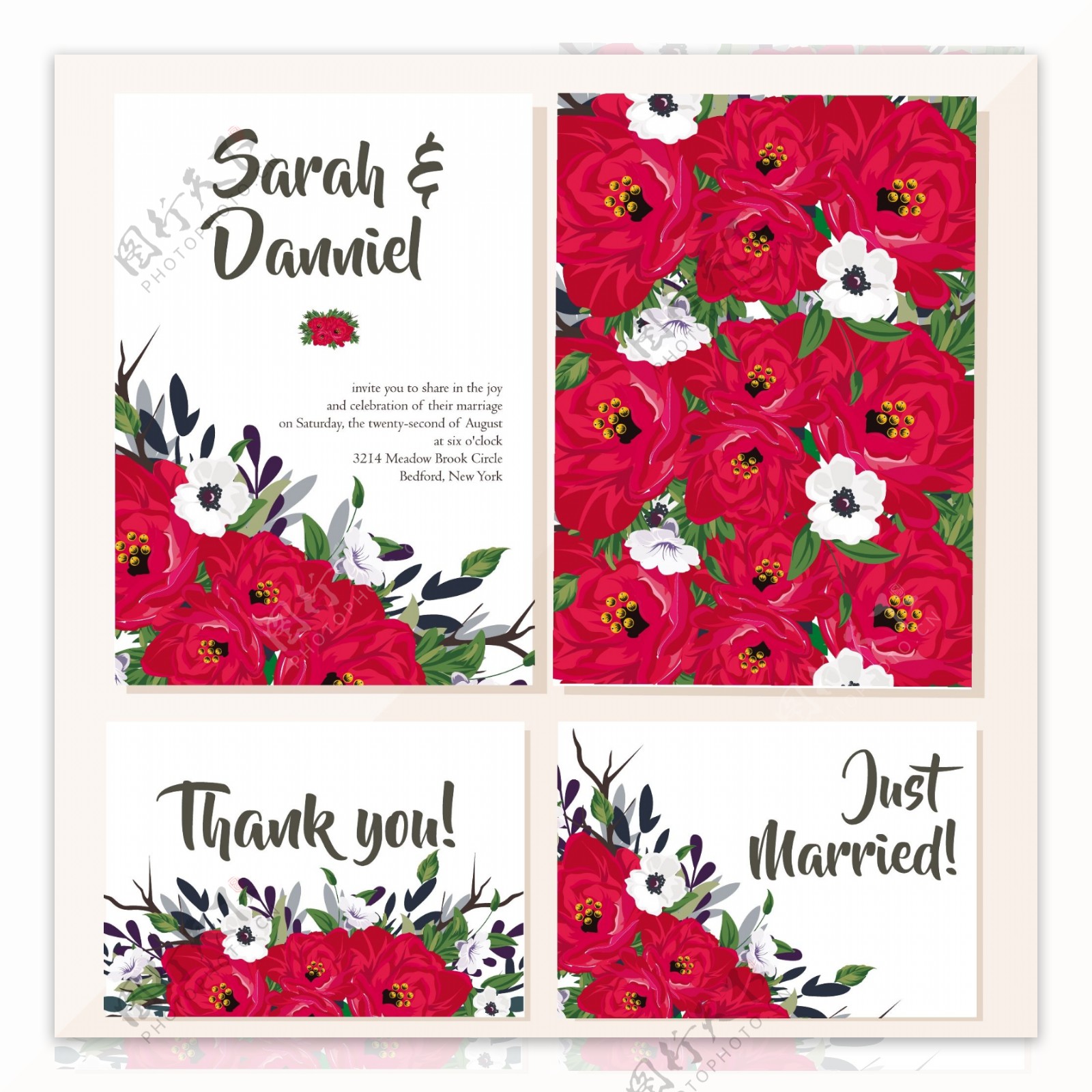 红色花朵婚礼卡片