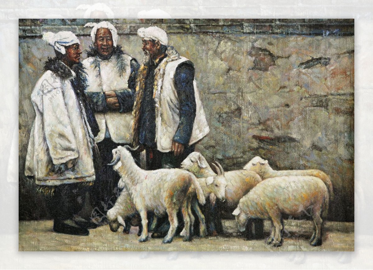 放羊的老者油画图片