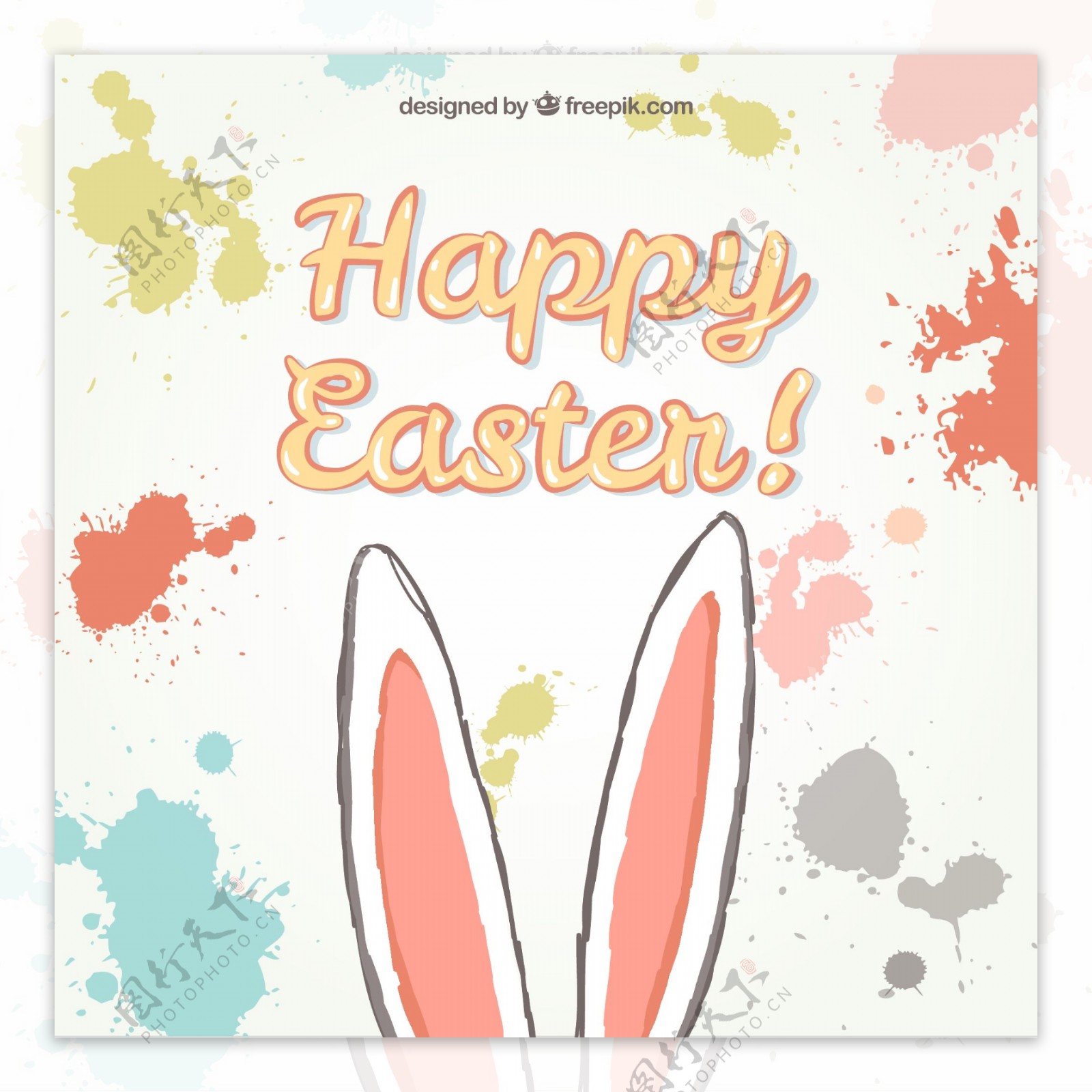 卡通复活节兔耳朵贺卡兔子墨迹喷图片