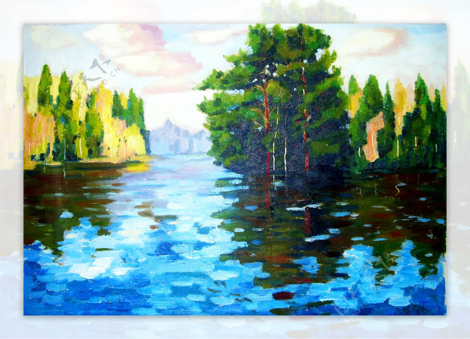 油画湖泊树木图片