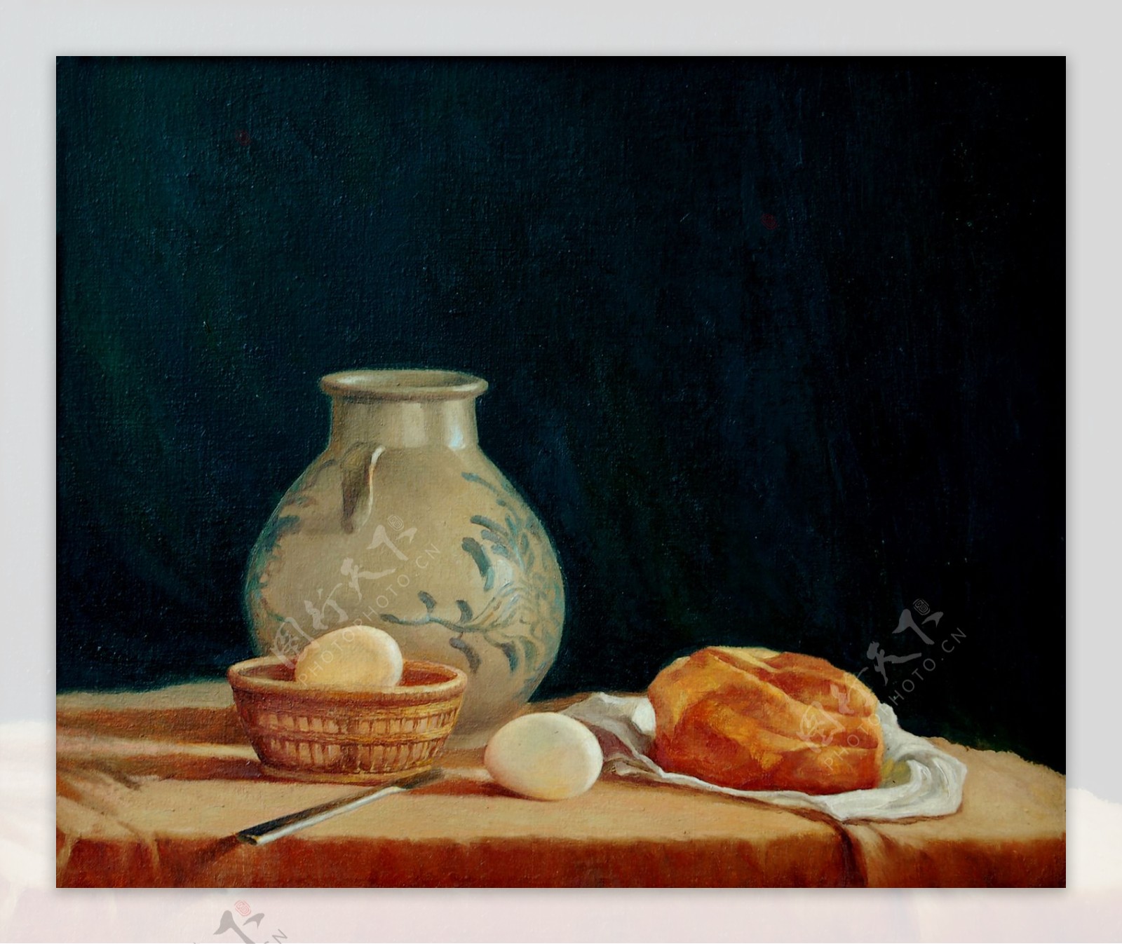 陶罐与鸡蛋美食油画图片