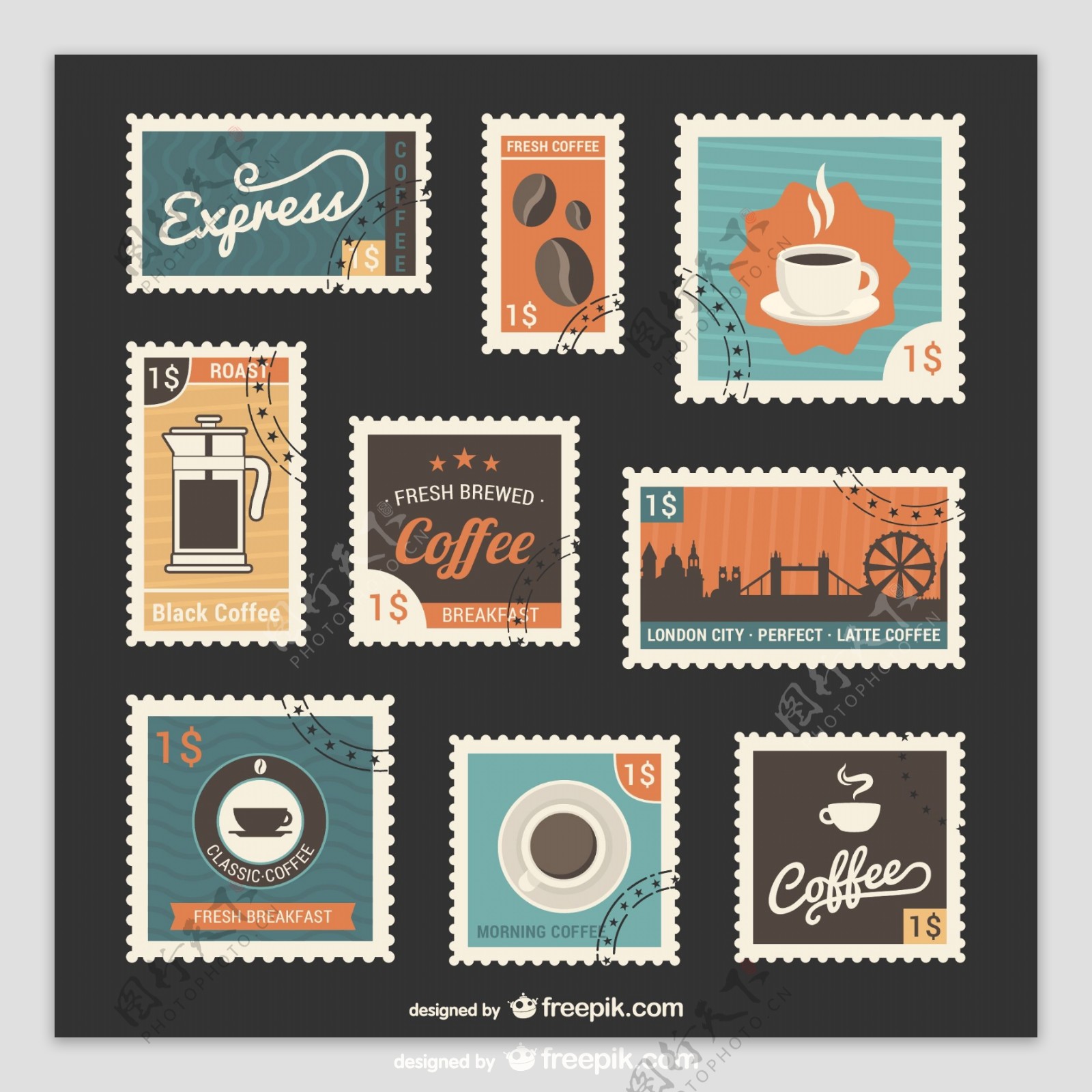 复古咖啡邮票设计