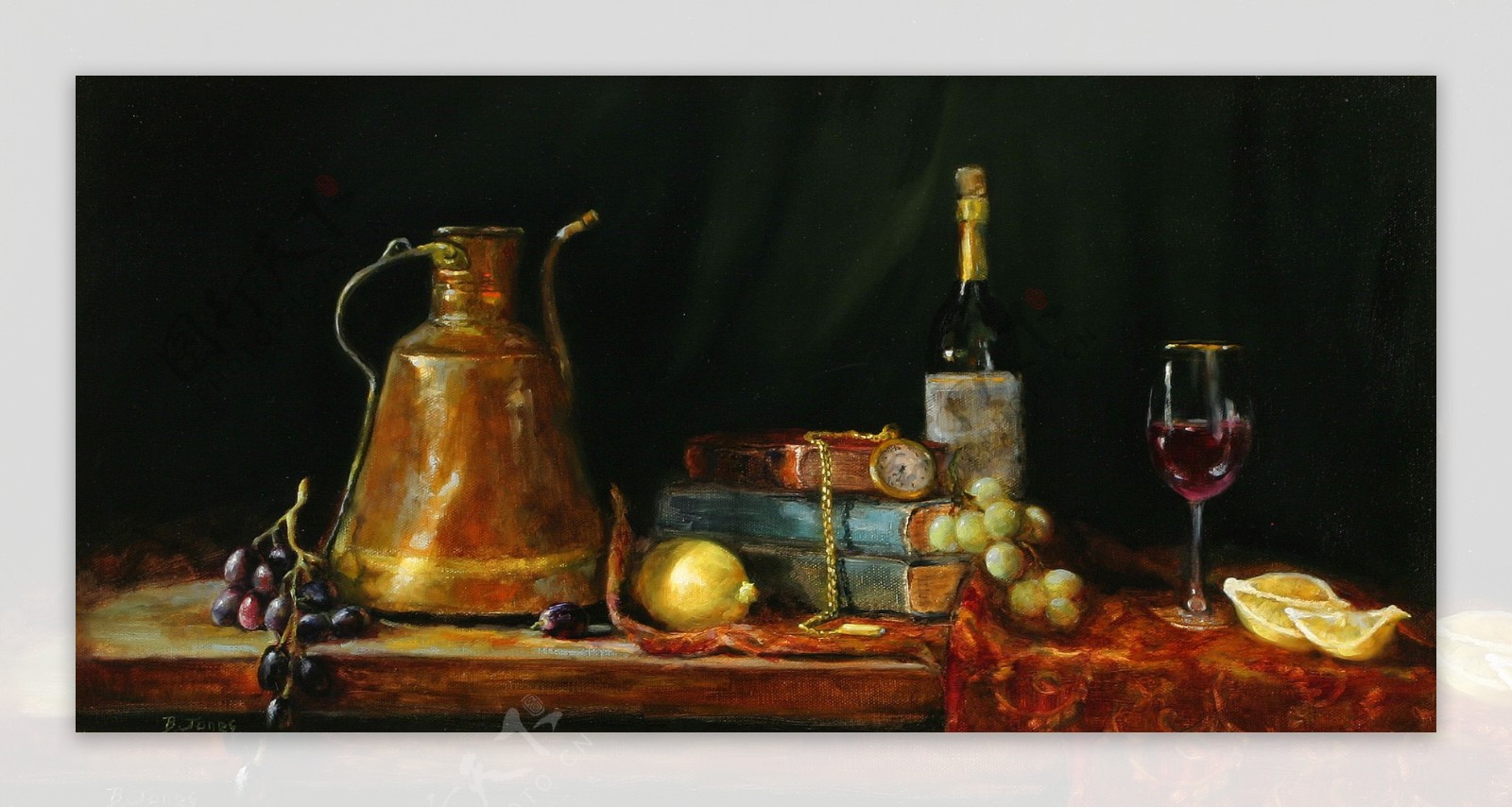葡萄酒与水果书本静物油画图片