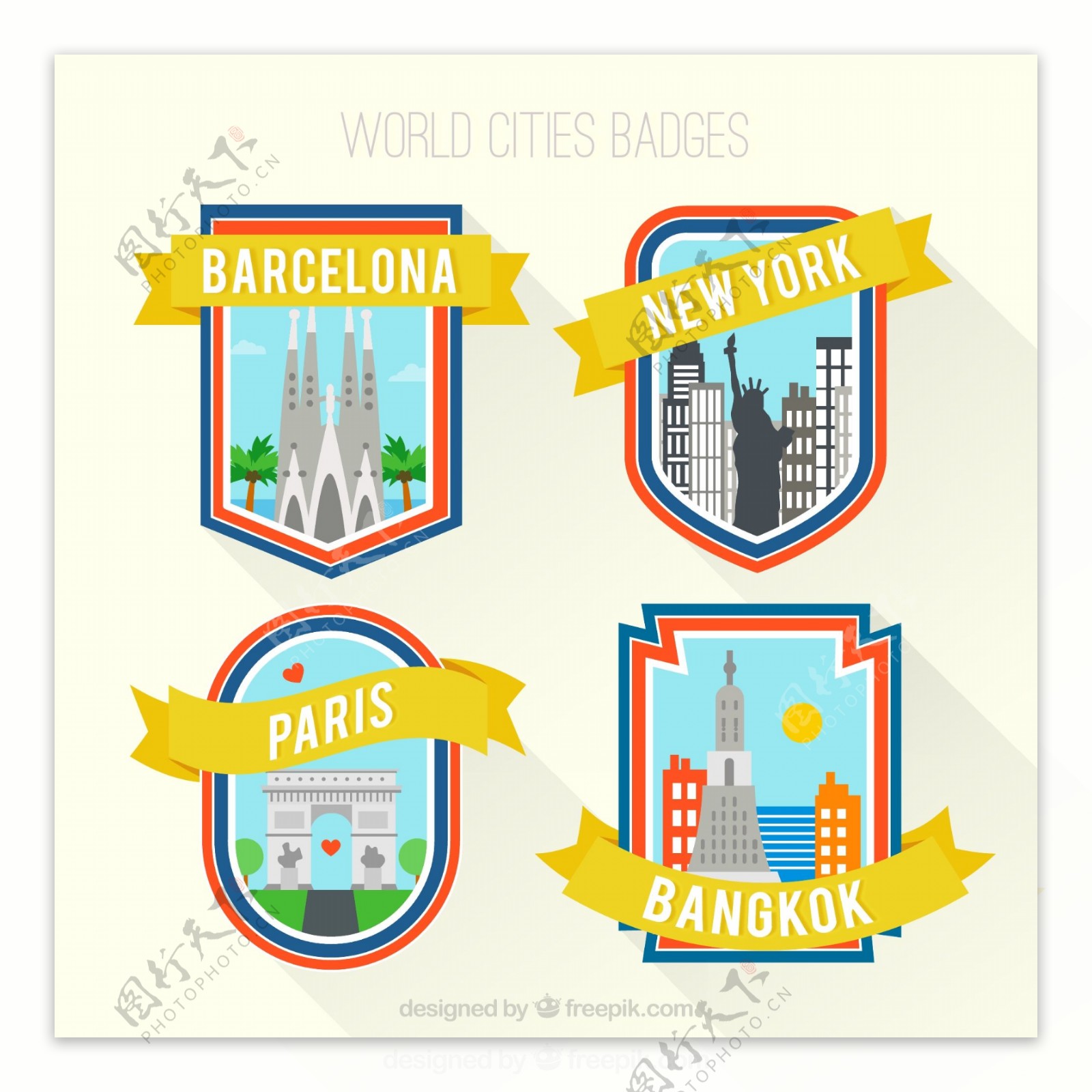 4个彩色旅行城市标签矢量素材