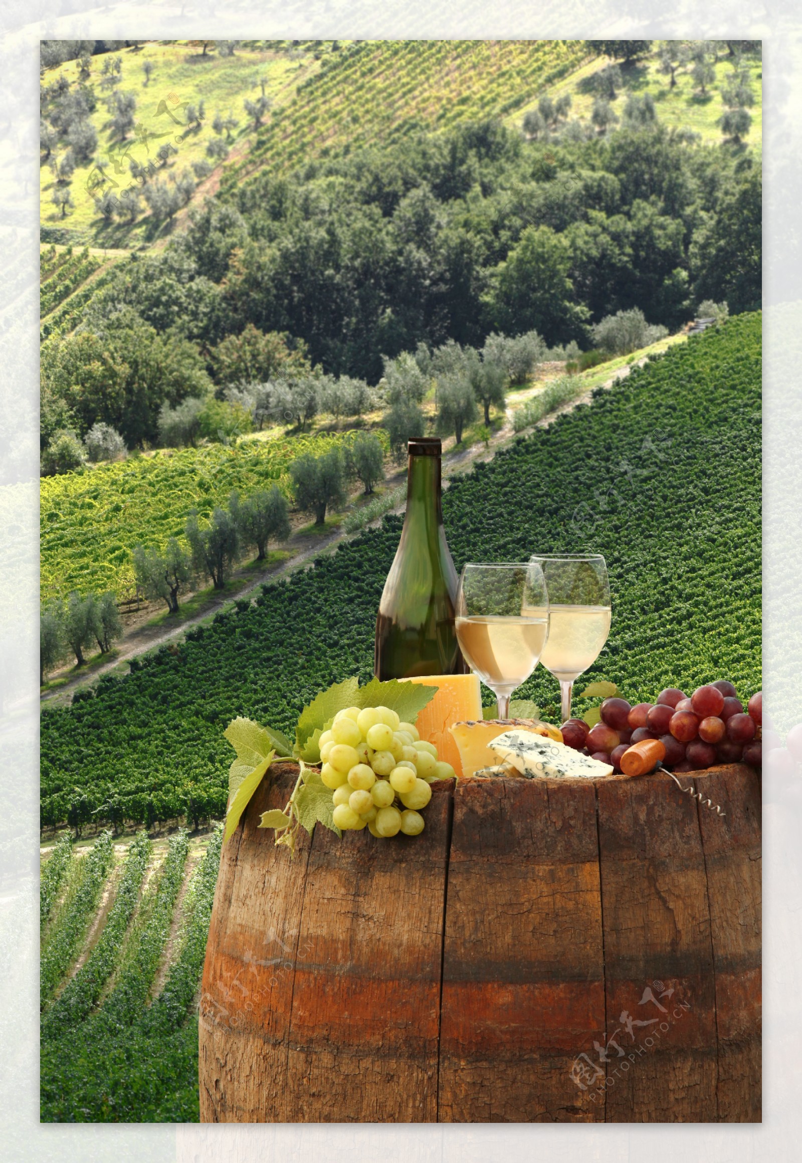 木桶上的葡萄与葡萄酒图片