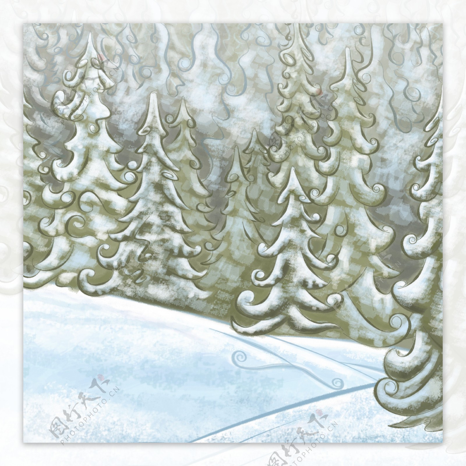 高清手绘冬日树林雪景