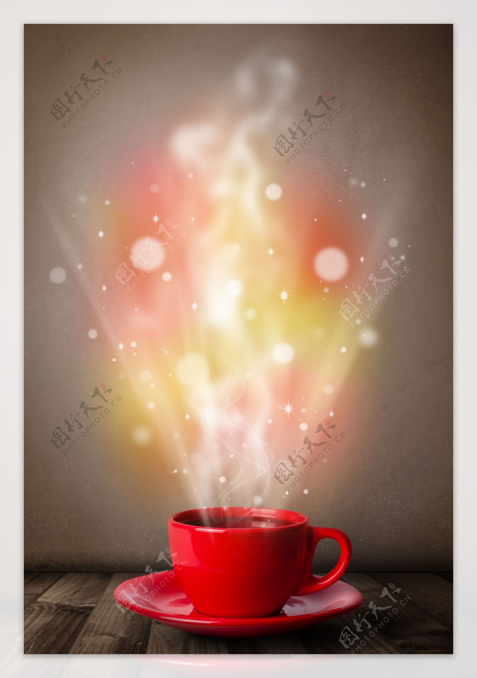 红色咖啡杯里散发出的星光图片