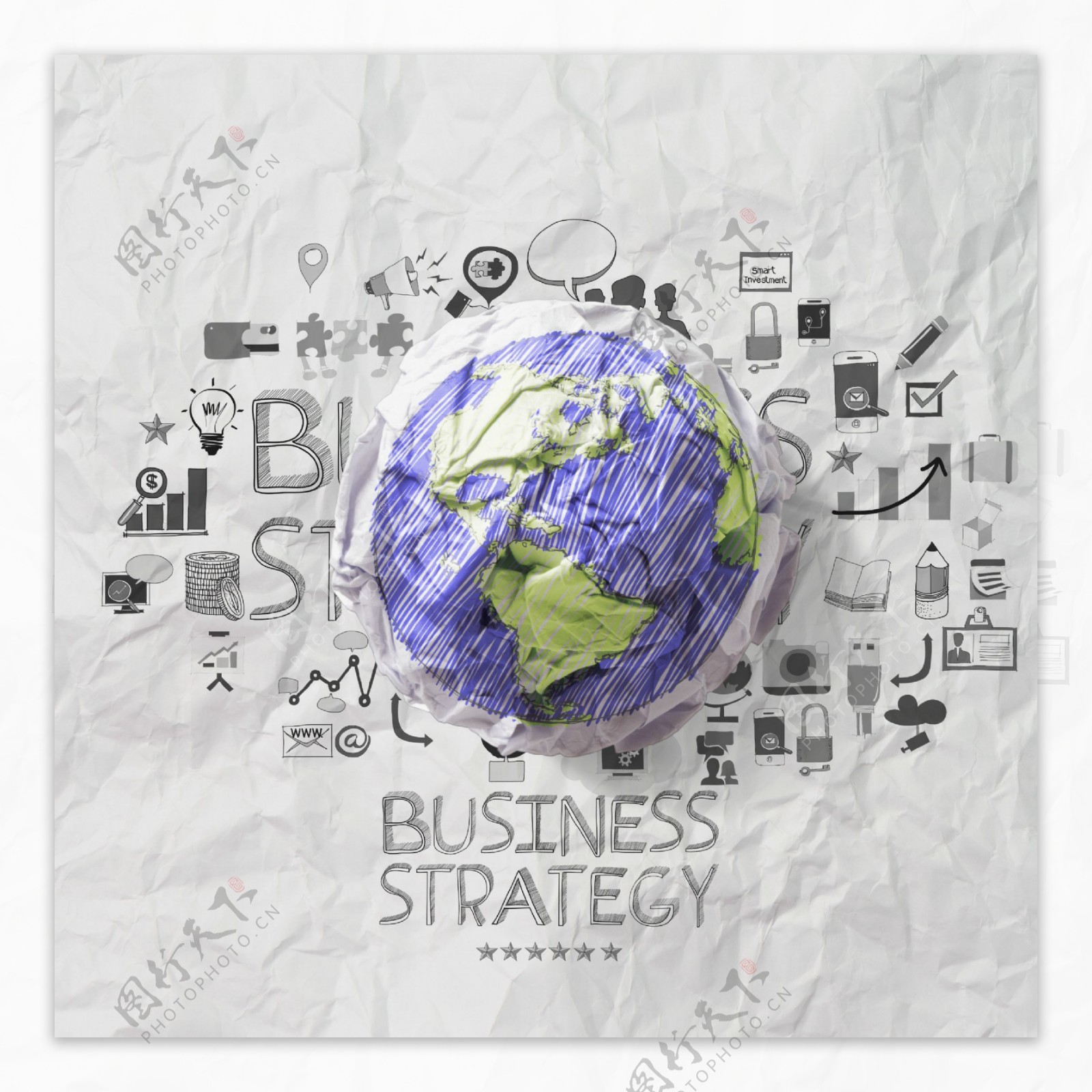 皱纸地球与商务信息图表图片