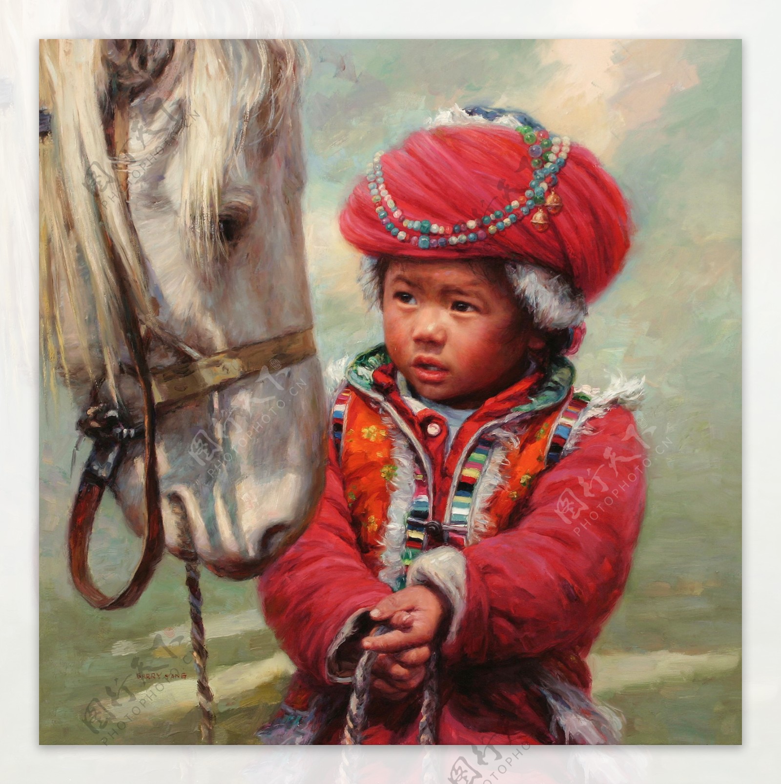 牵马的儿童油画图片