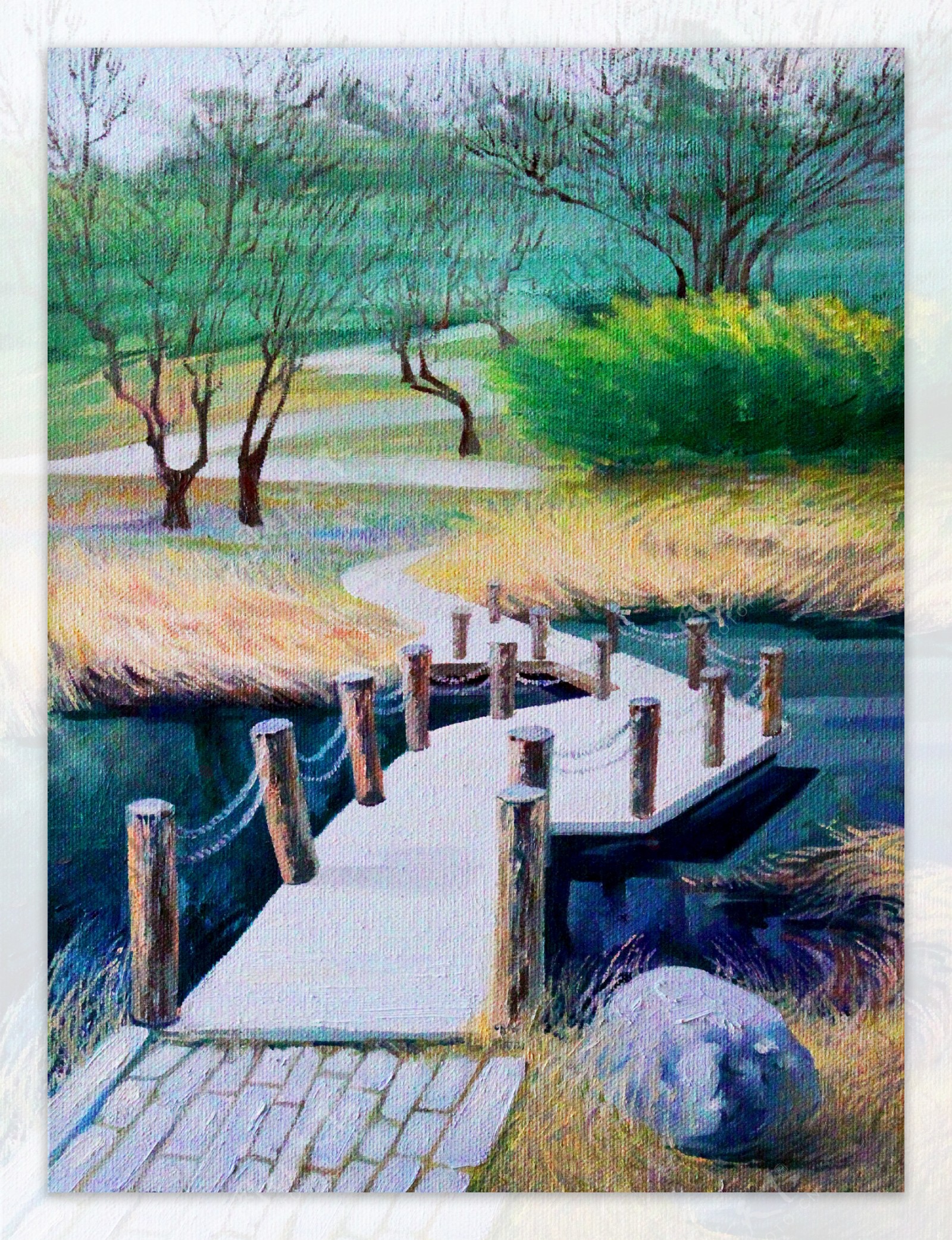 油画木桥与河流图片