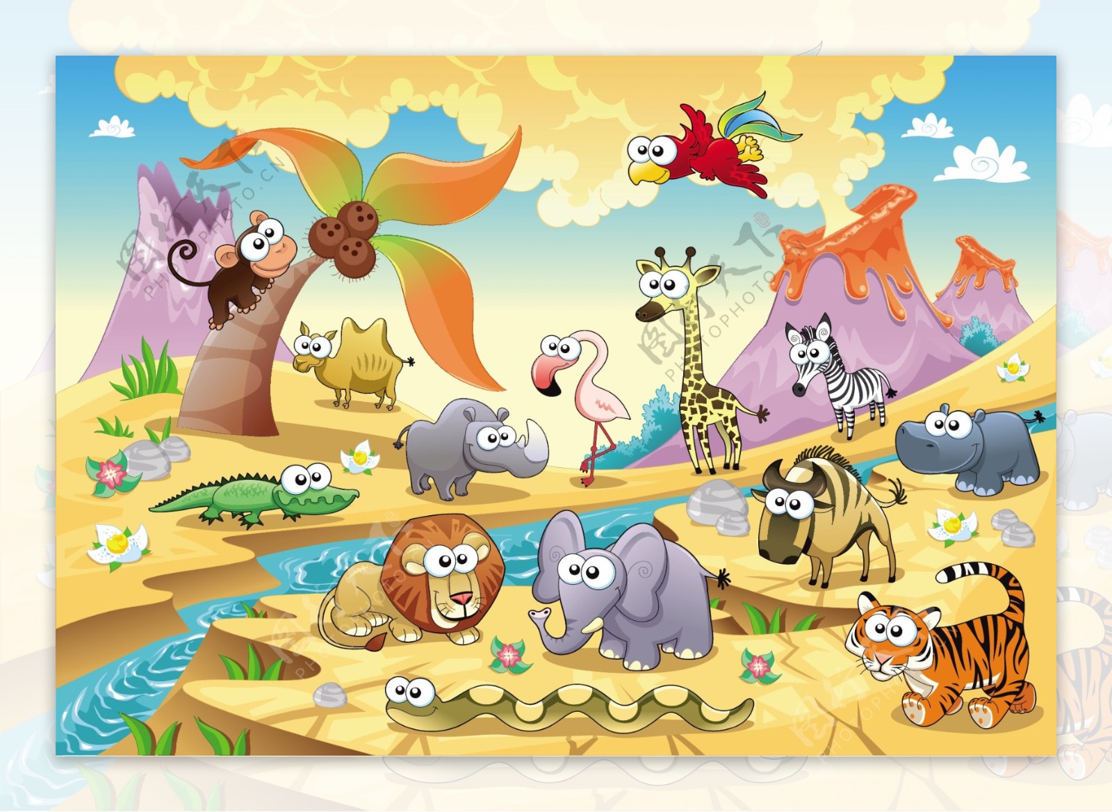 溪流两边五颜六色的动物卡通画