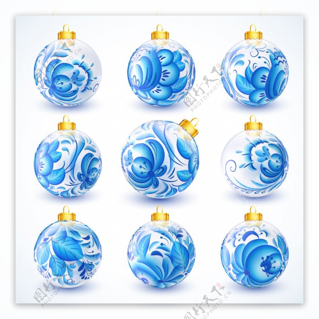 9款蓝色花纹圣诞吊球矢量素材EPS