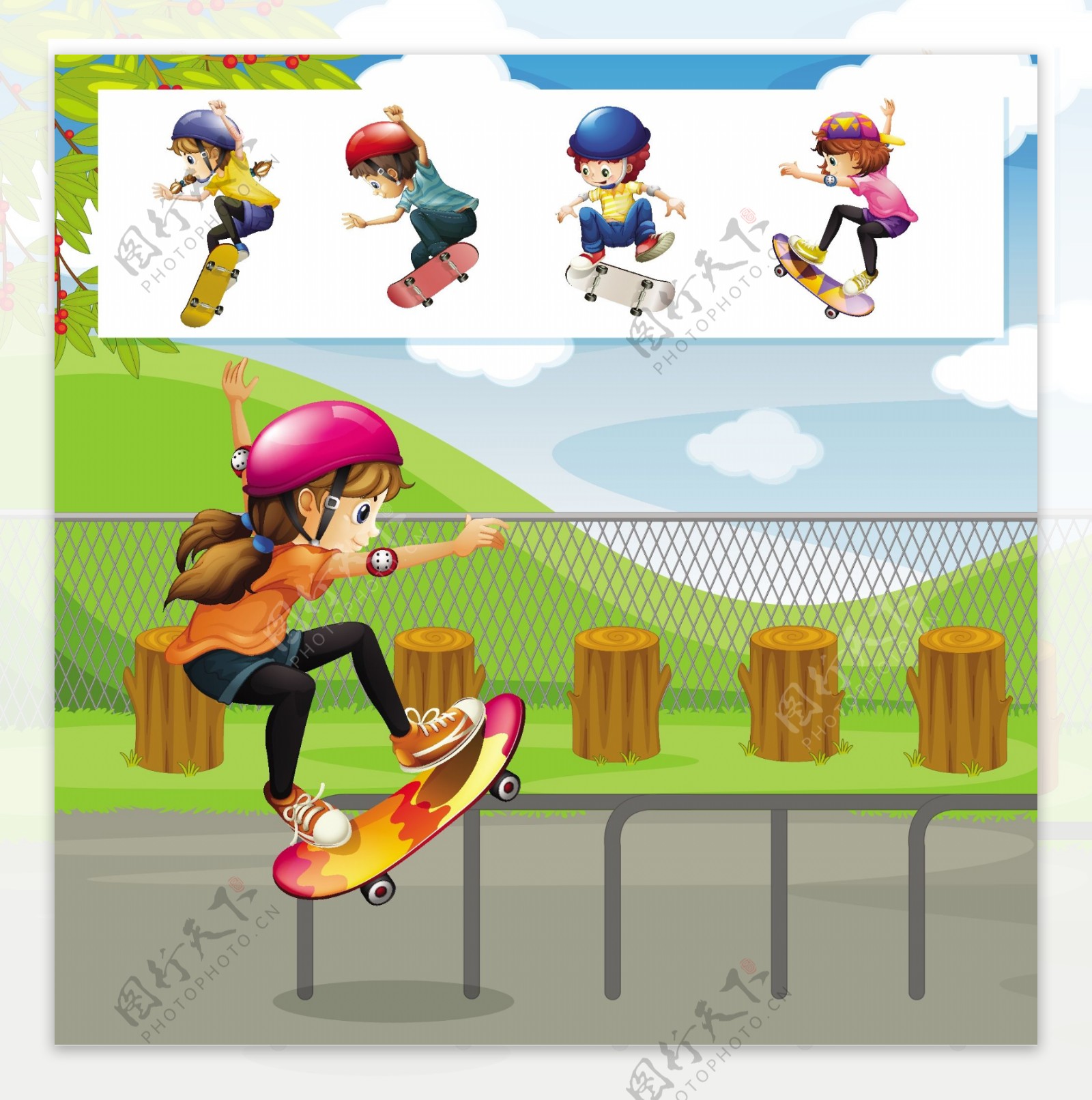 孩子们在公园玩滑板插画
