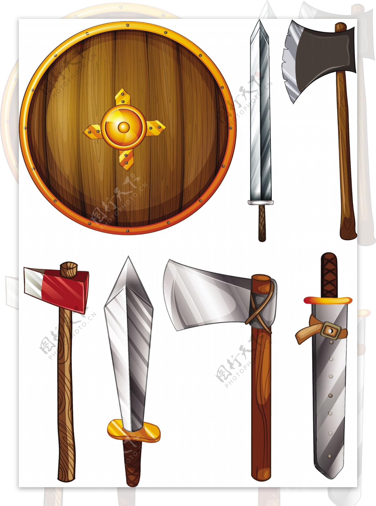 白色背景下盾剑斧的插图