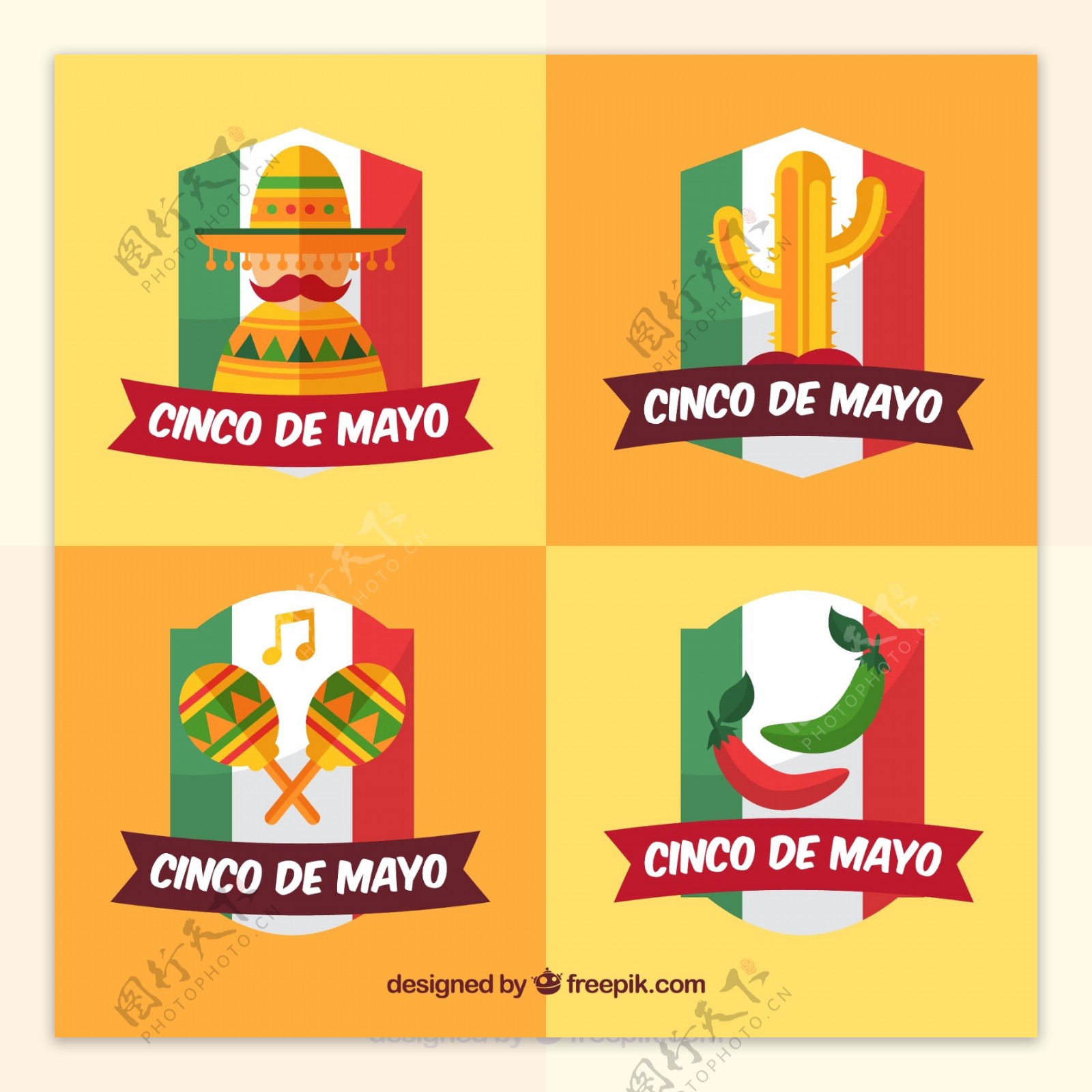墨西哥国旗装饰元素五月五日节标签图标