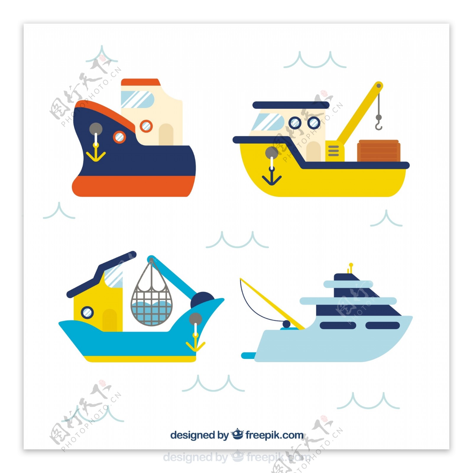 手绘四个渔船图标设计素材