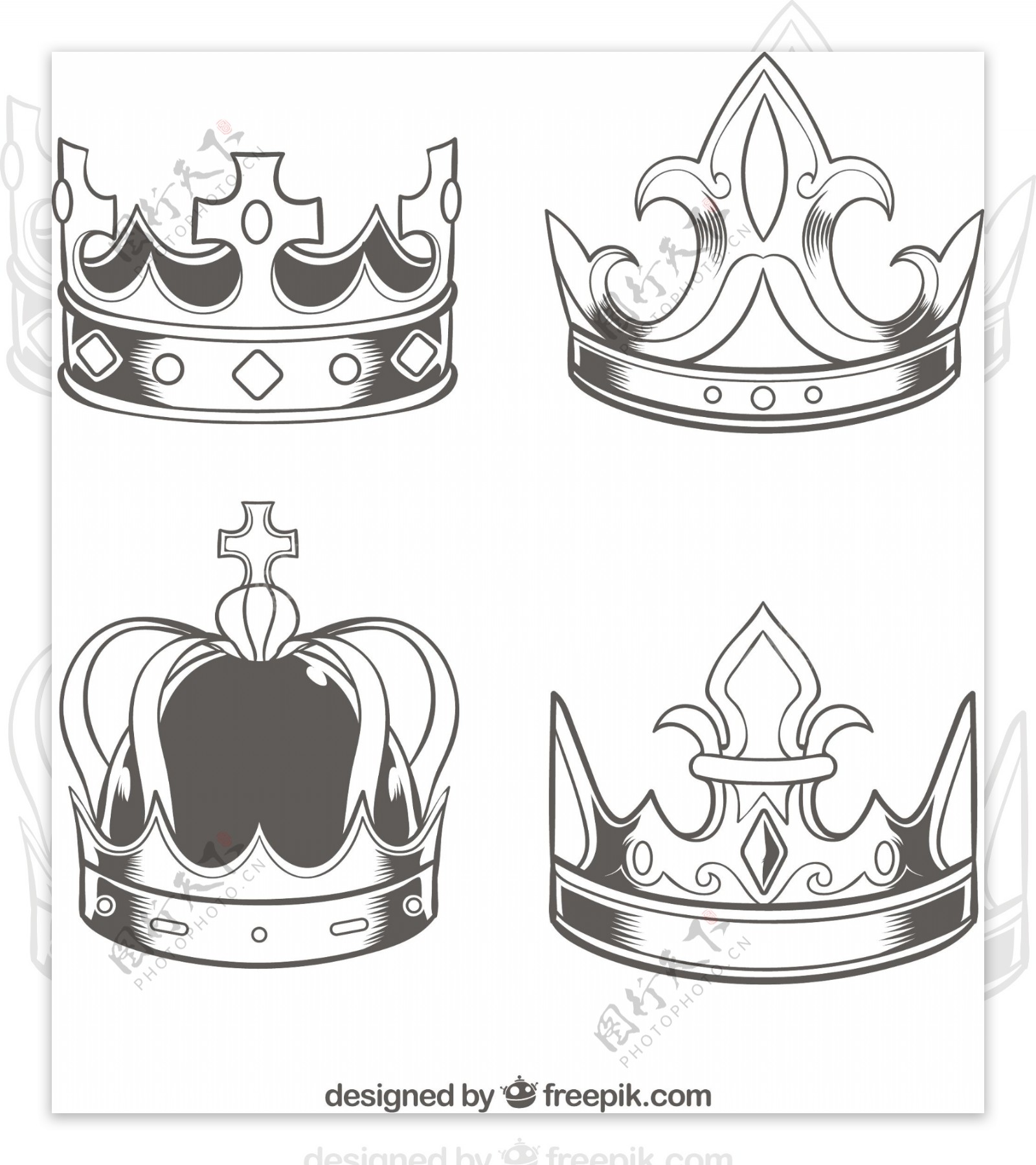 四个写实素描风格矢量皇冠图标