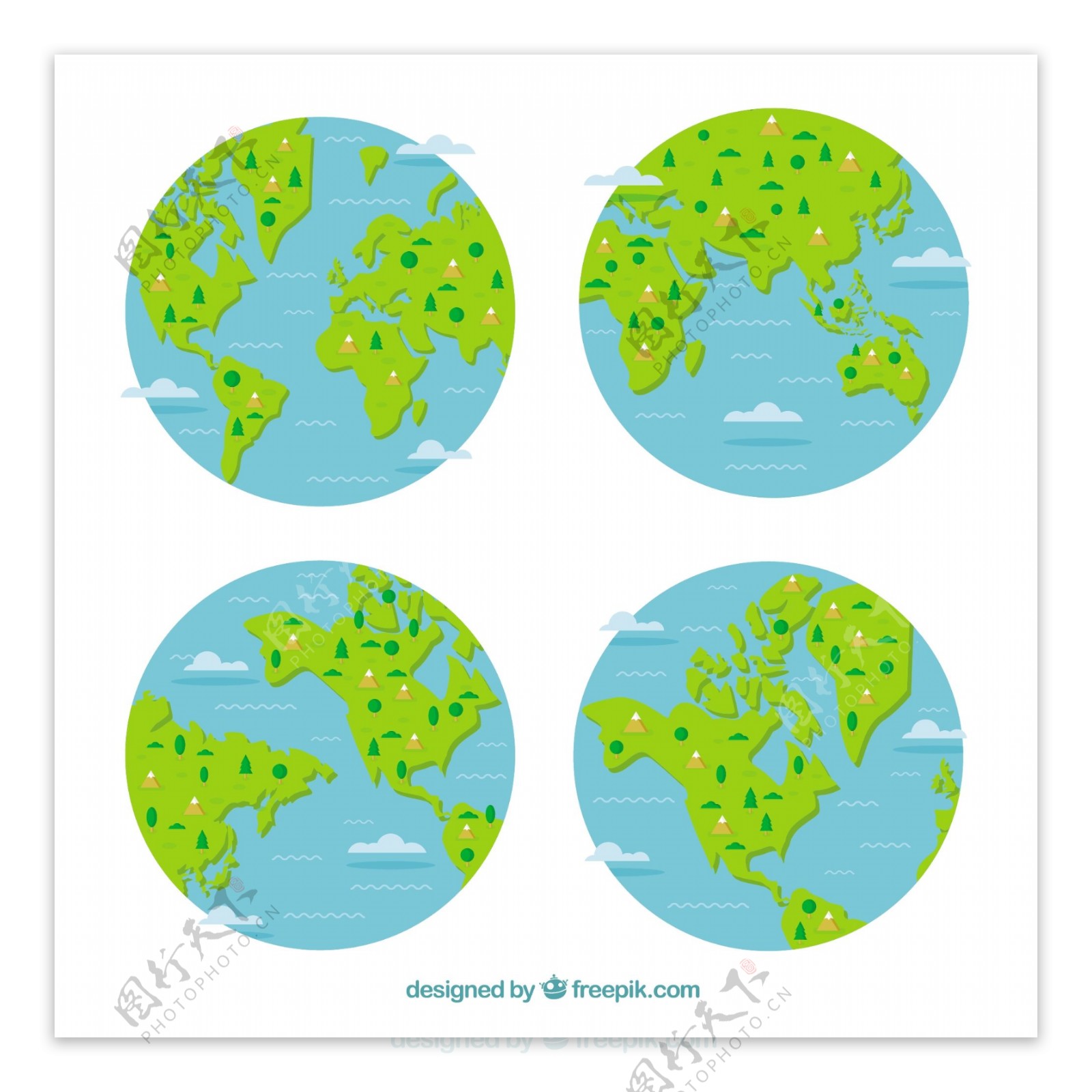 带装饰树木山四个地球图案素材