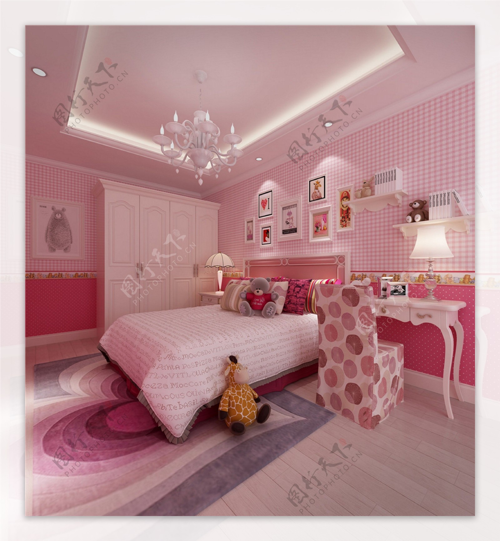 欧式粉色卧室大床背景墙设计图