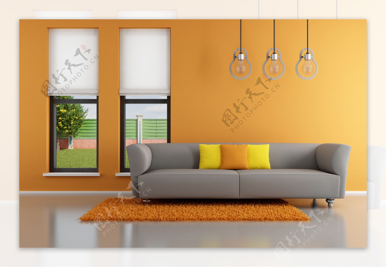 橙色背景灰色沙发客厅效果图图片