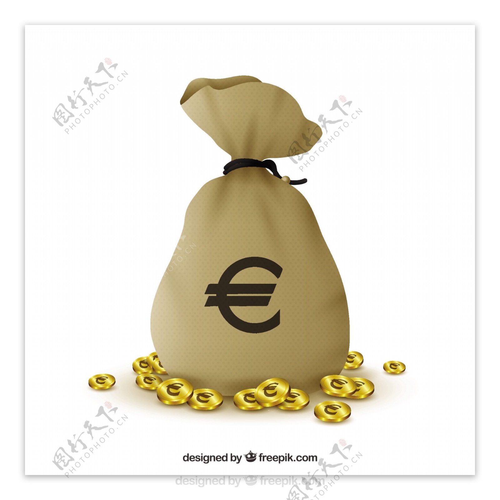欧元符号钱袋金币白色背景