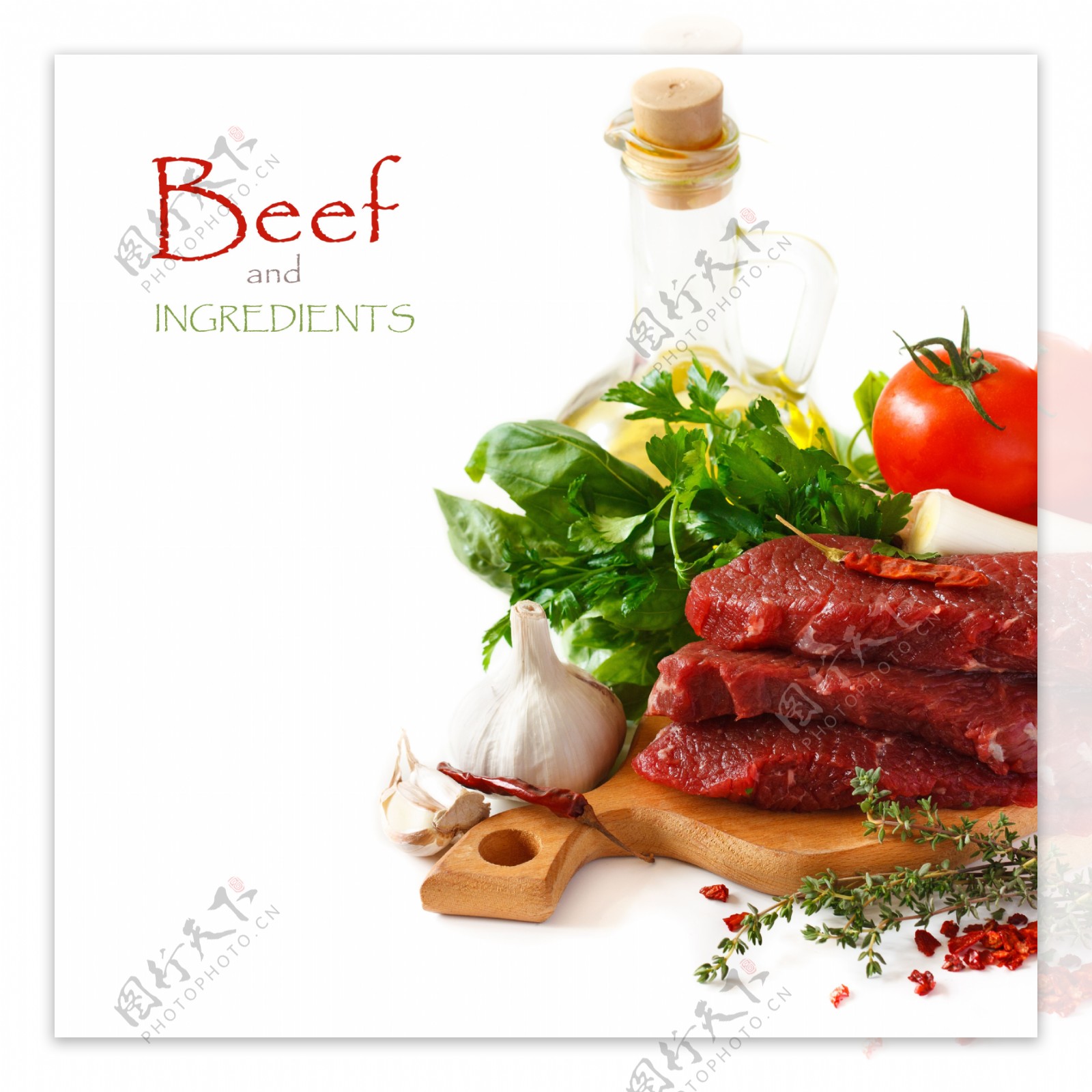 木板上的牛肉和香菜图片