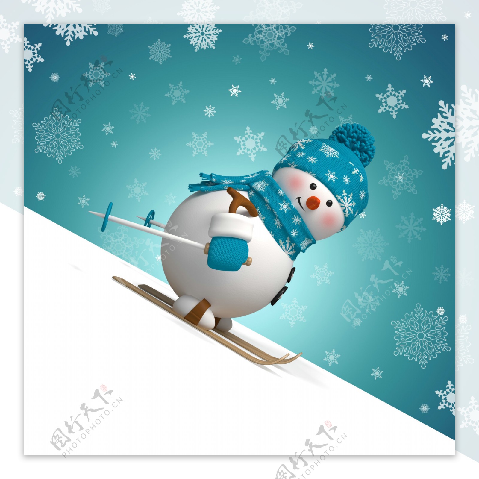 滑雪的立体雪人图片