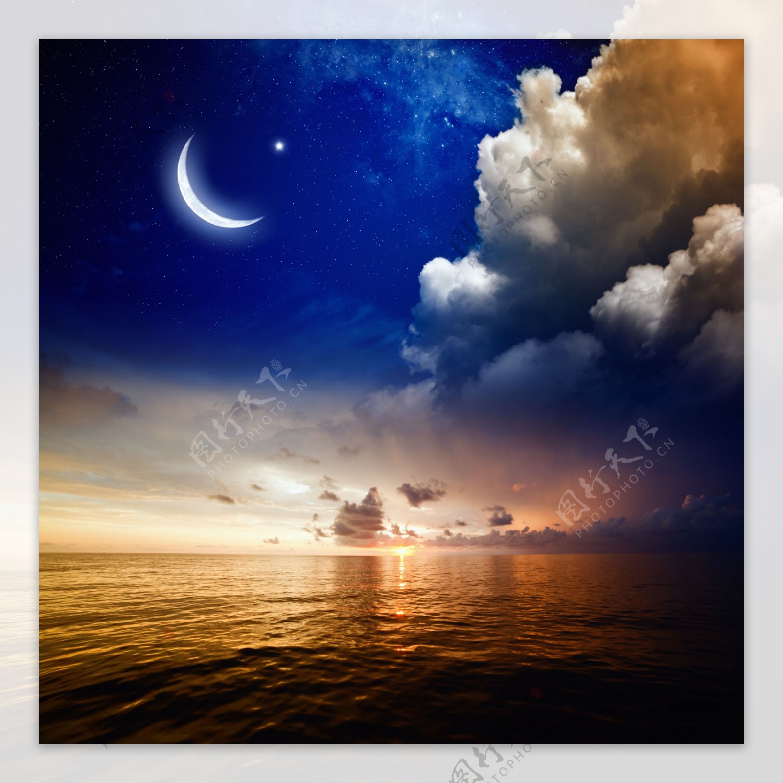 日落海面风景与星星月亮图片