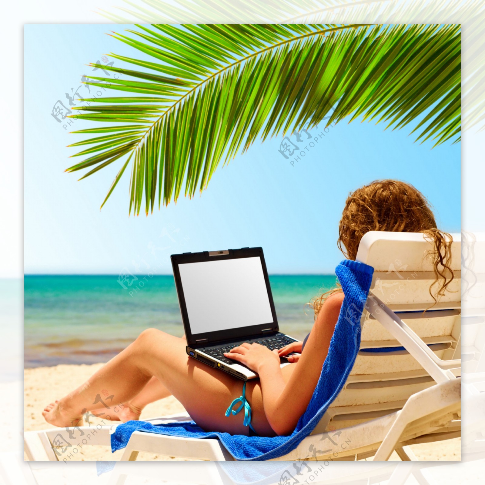 沙滩上坐在椅子上玩电脑的美女图片