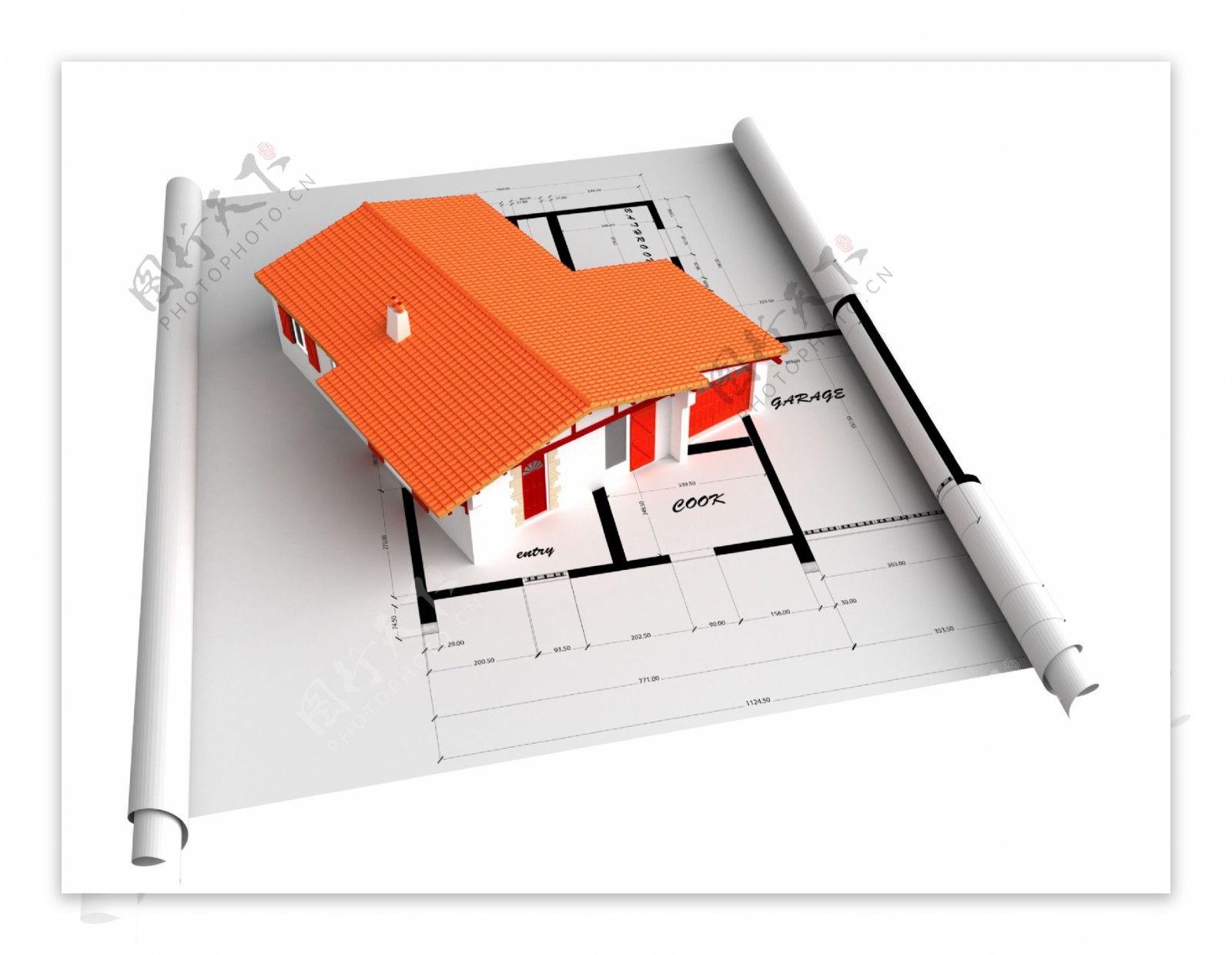 建筑图纸上的房子模型