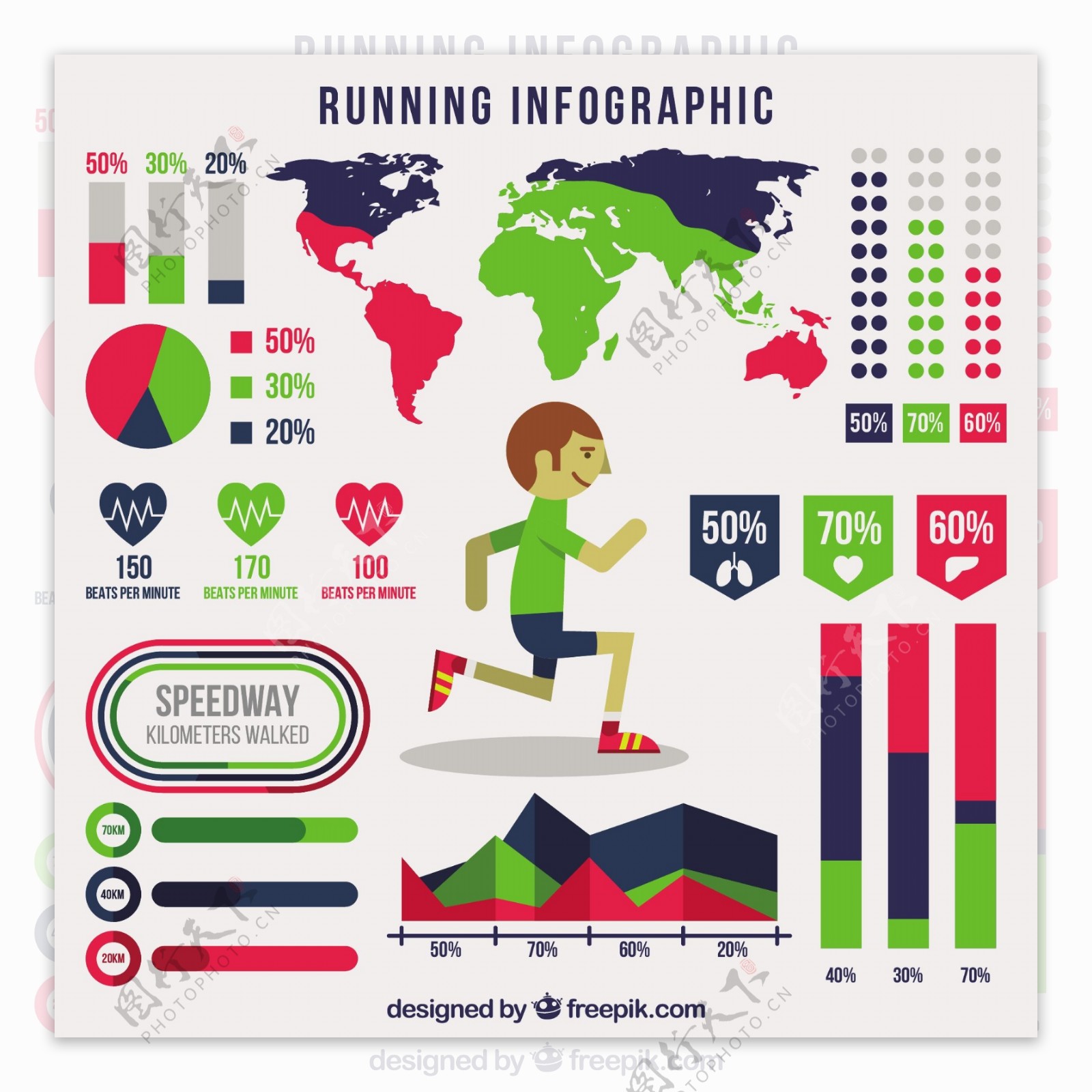 跑步运动信息图与世界地图