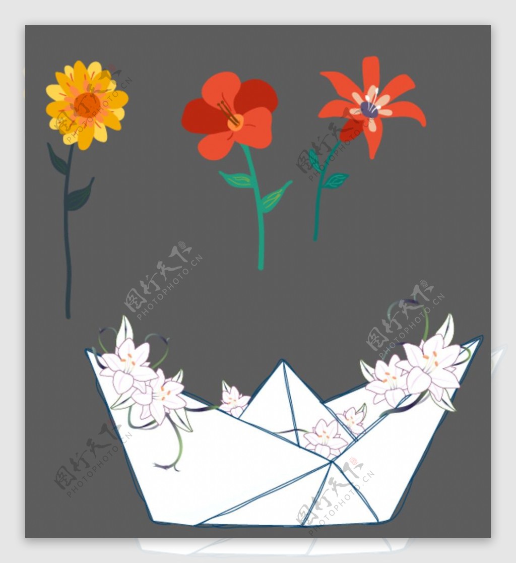 纸船水彩画卡通花朵