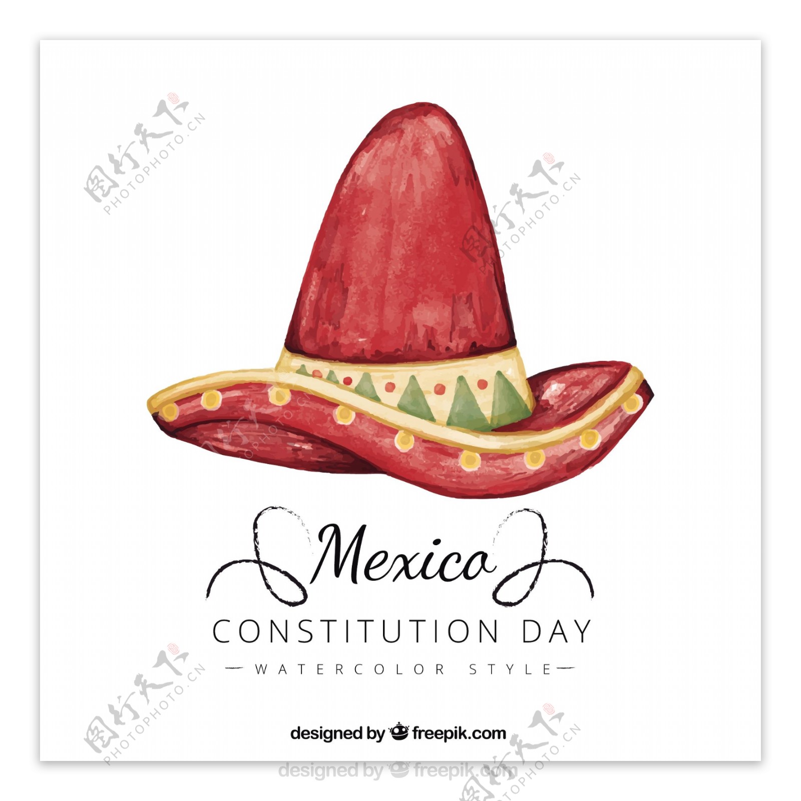 宪法日背景与墨西哥水彩帽子